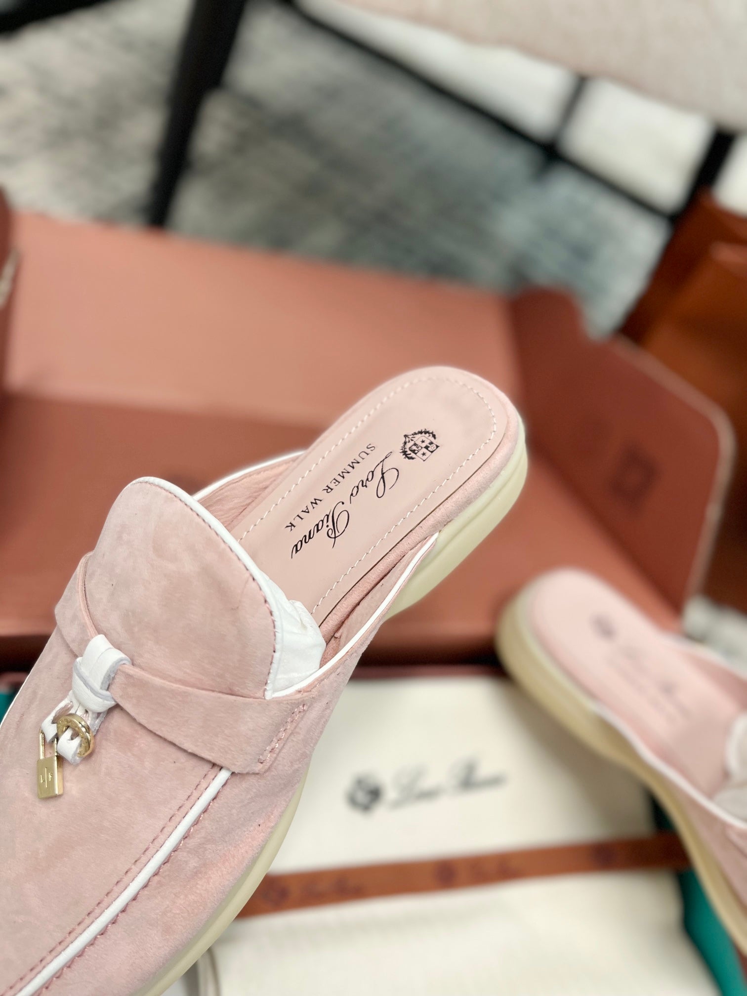 Loro Piana Light Pink White Suede Charms Walk Flat Mules