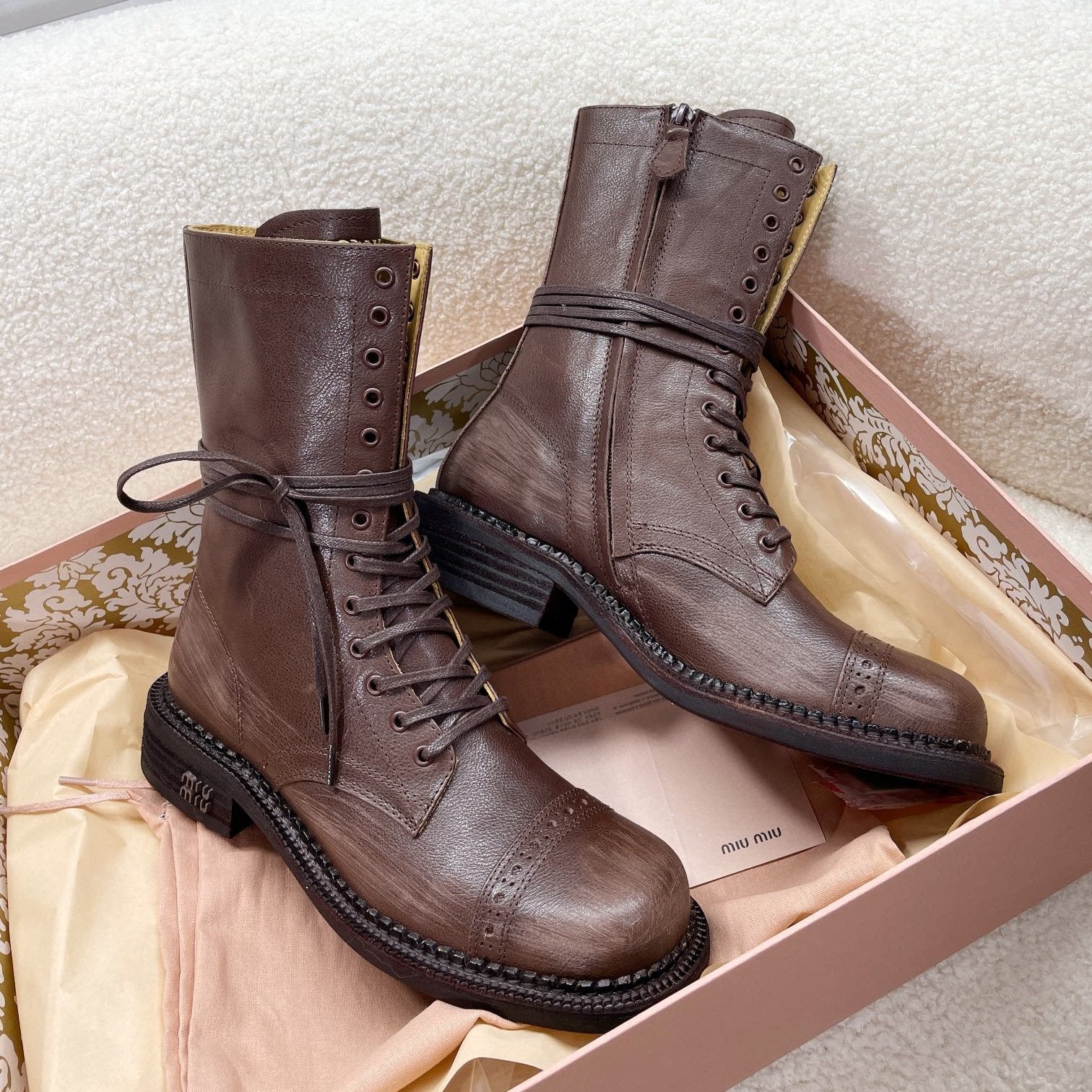 Miu Short Boots Brown Soluble In Water Calfskin