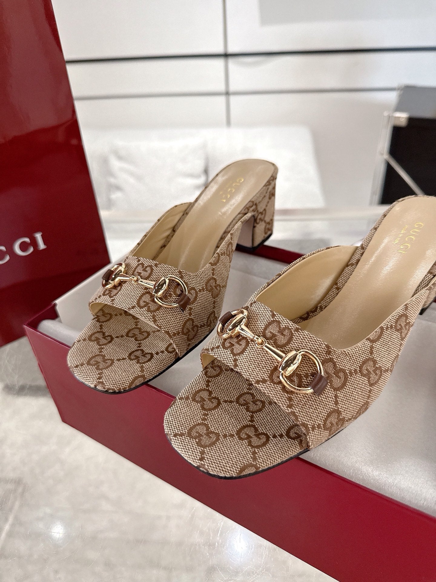 GC Horsebit Slide Brown Canvas Cowhide 292406