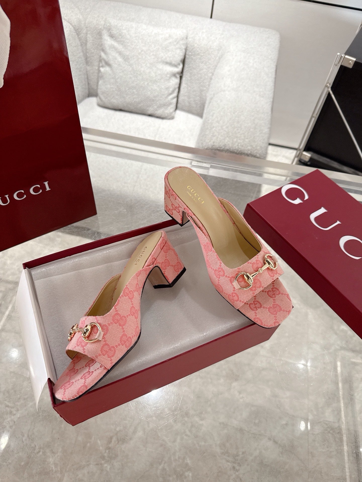 GC Horsebit Slide Pink Canvas Cowhide 292407