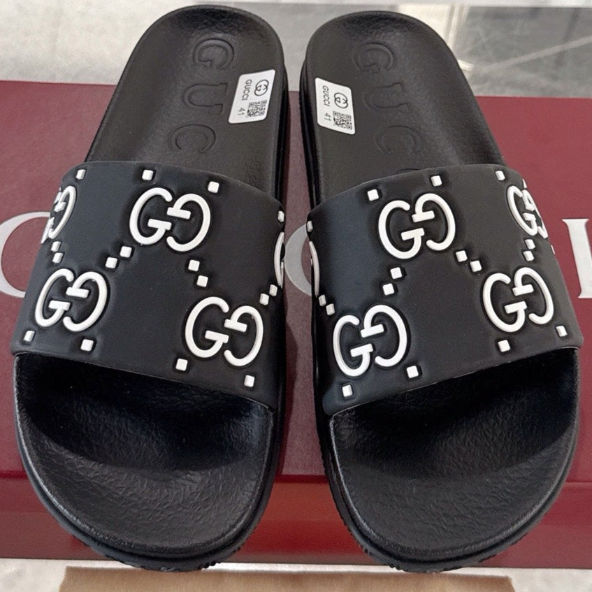 GC GG Slide Sandal Black White Rubber 292417