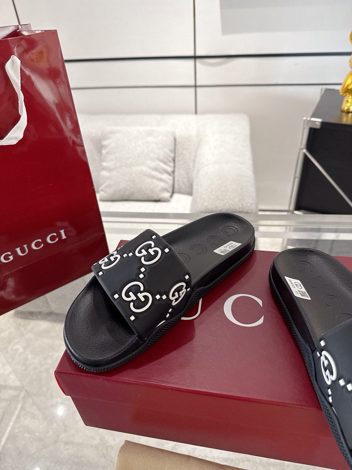 GC GG Slide Sandal Black White Rubber 292417