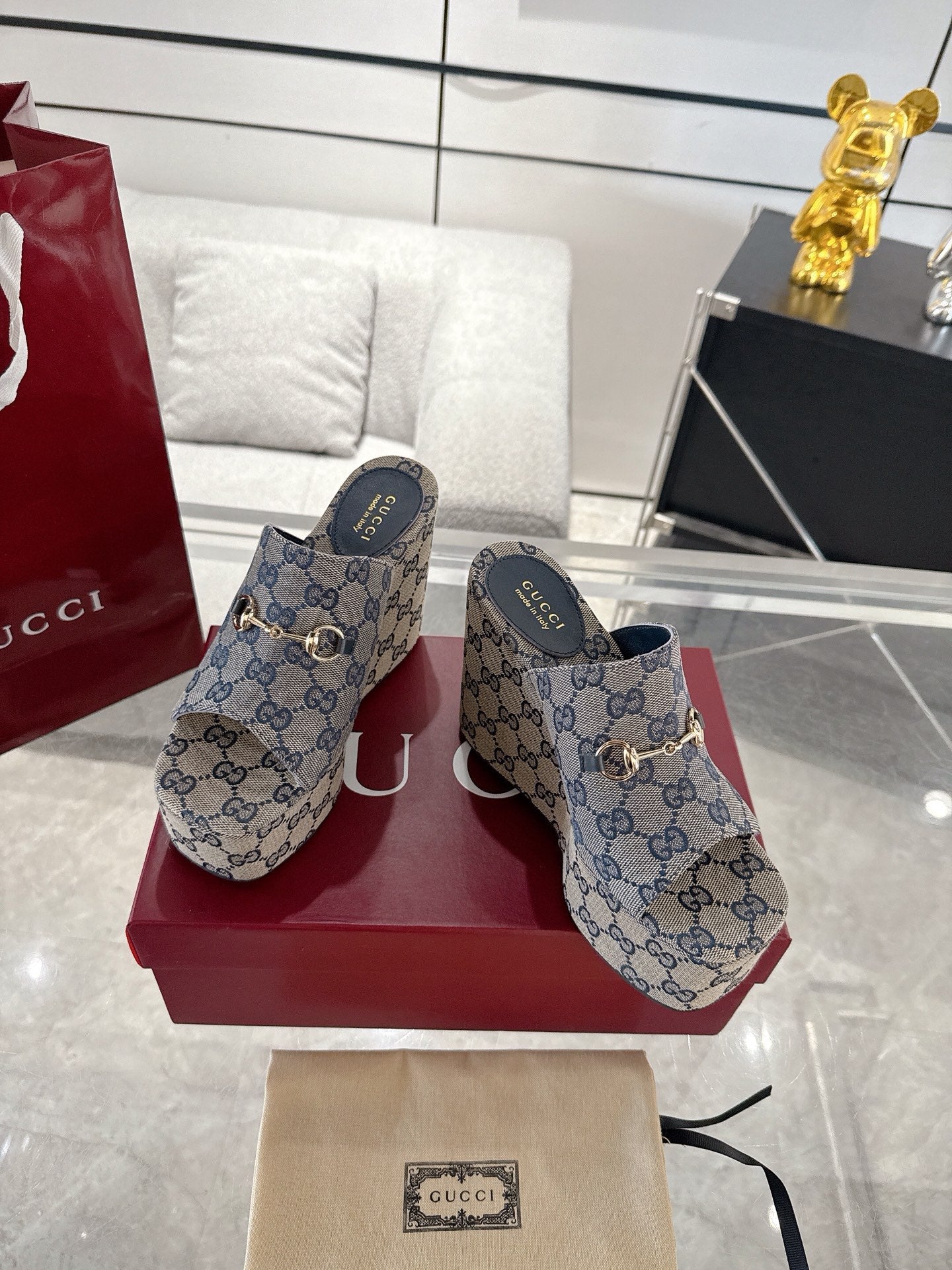 GC Wedge With Horsebit Sandal Gray Blue Canvas 292420