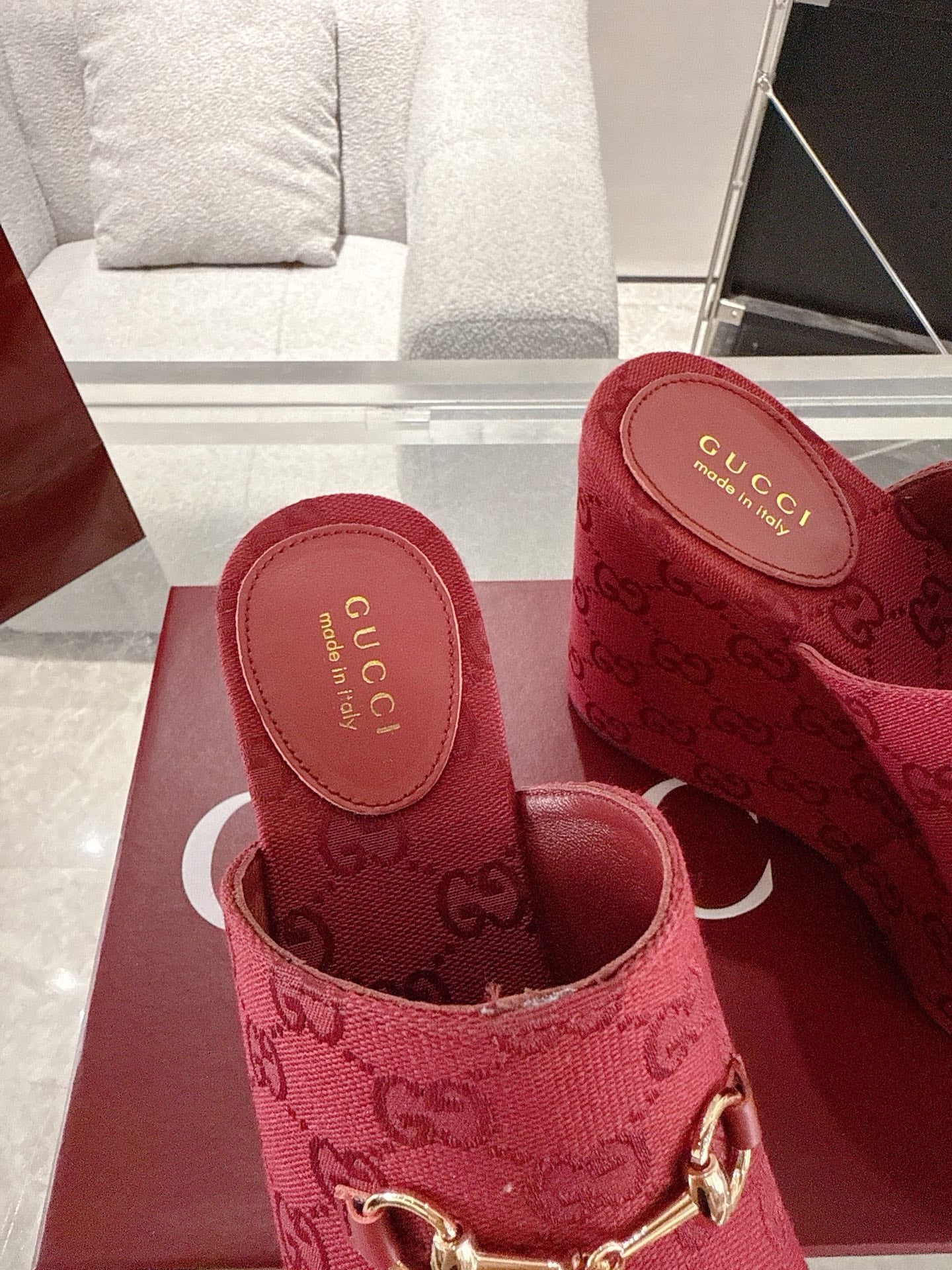 GC Wedge With Horsebit Sandal Red Canvas 292422