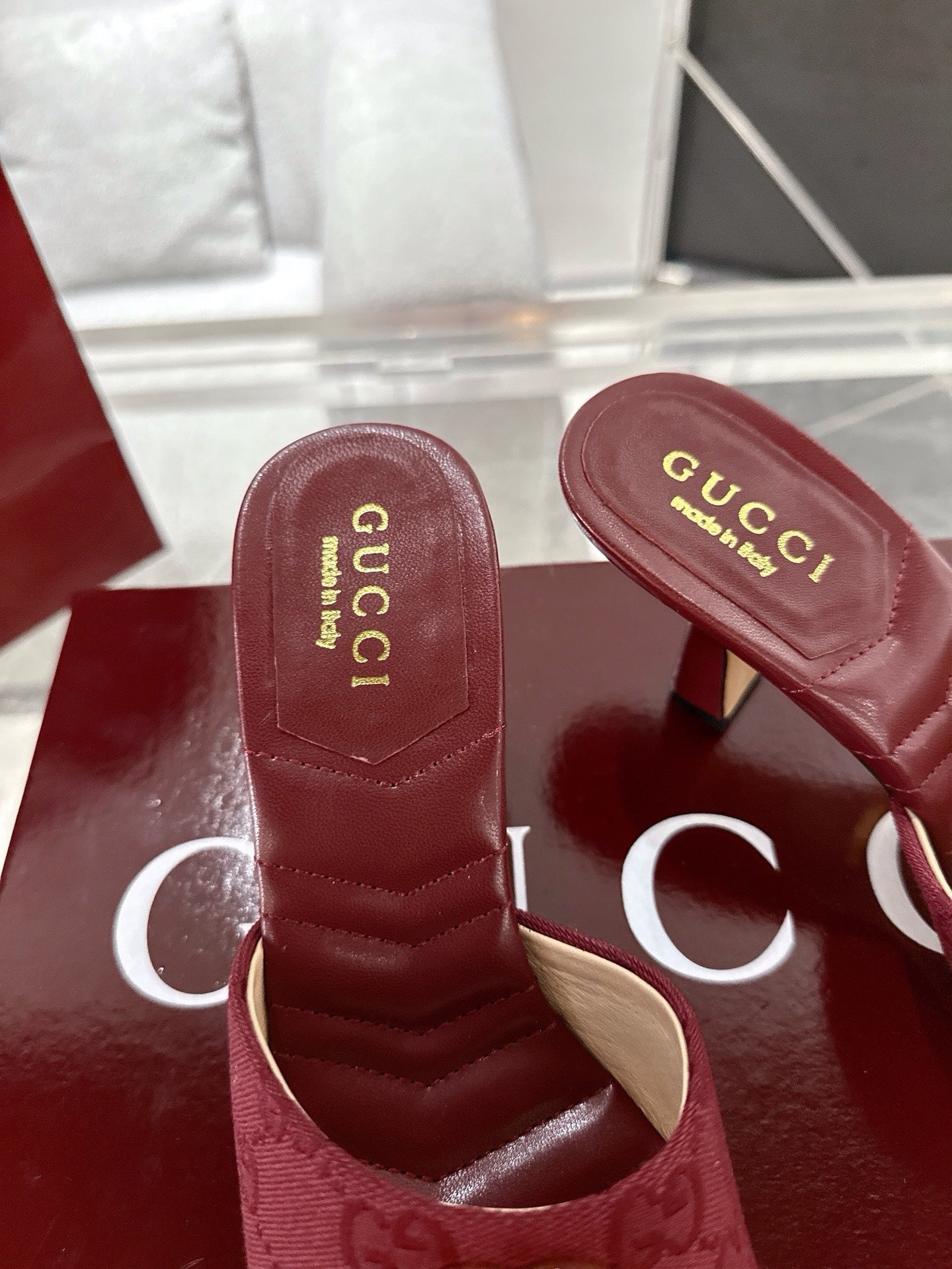GC 2025 Double G High Heel Sandals Red Canvas Sheepskin 292467