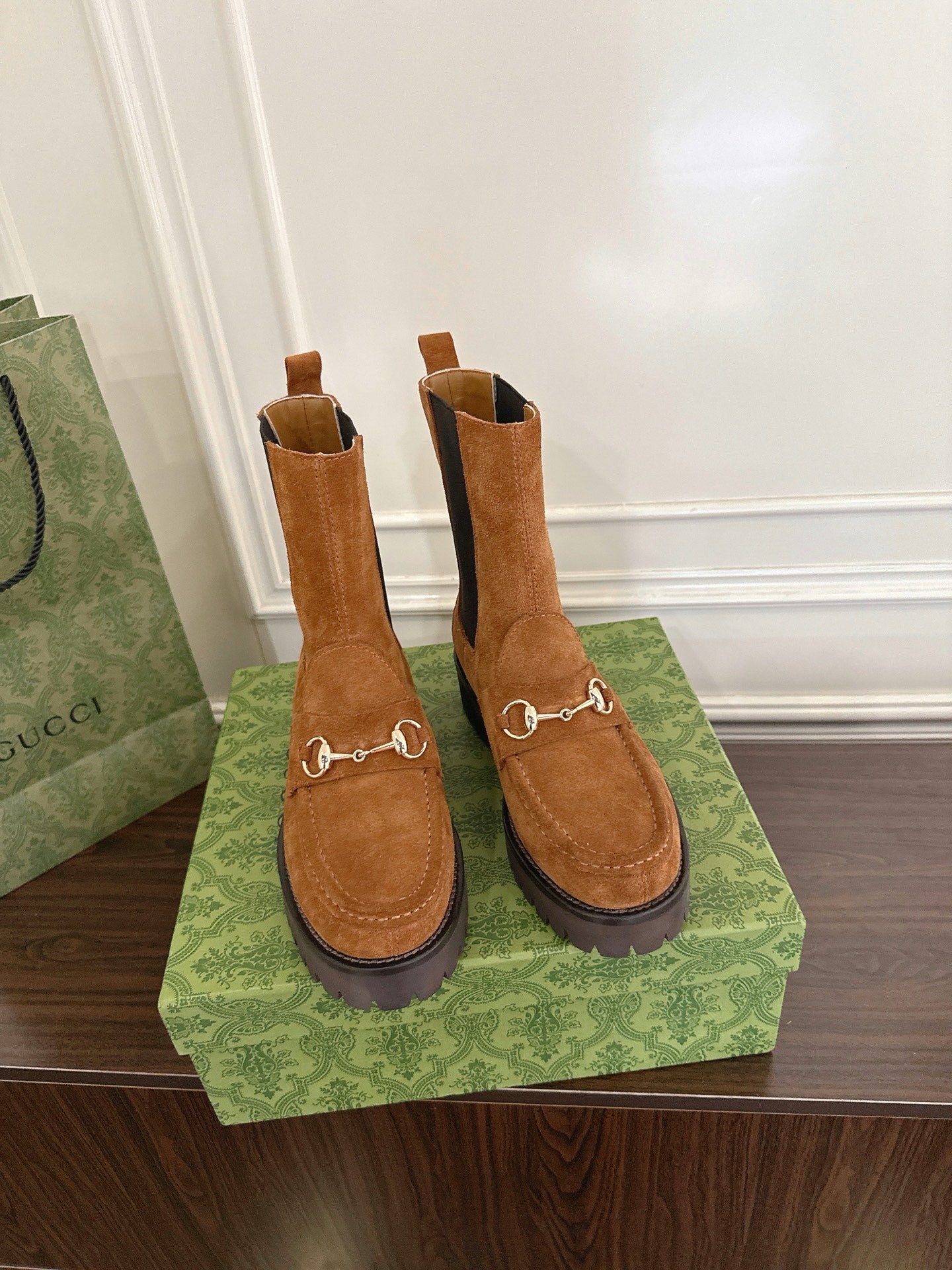 Gucci Horsebit Ankle Boots Brown Black Suede Sheepskin 490529