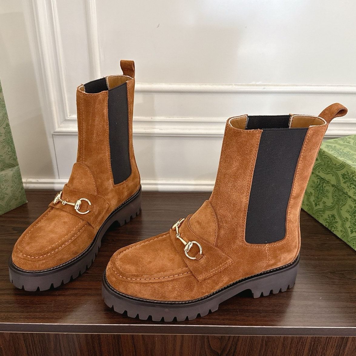 Gucci Horsebit Ankle Boots Brown Black Suede Sheepskin 490529