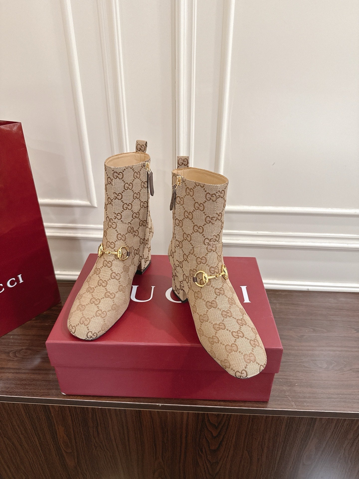 Gucci Horsebit Chunky Heel Ankle Boots Brown Beige Cowhide Fabric 490559