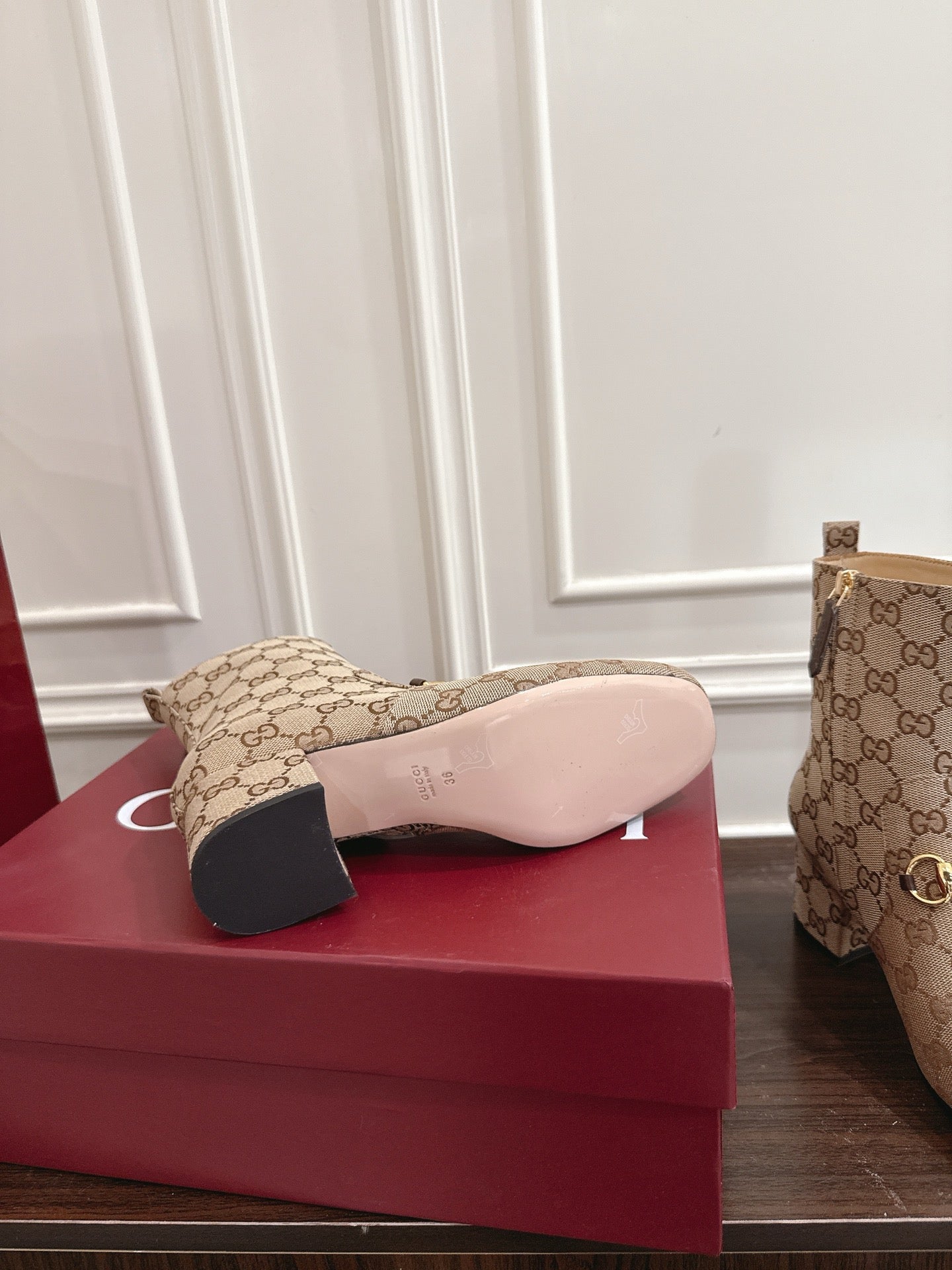 Gucci Horsebit Chunky Heel Ankle Boots Brown Beige Cowhide Fabric 490559