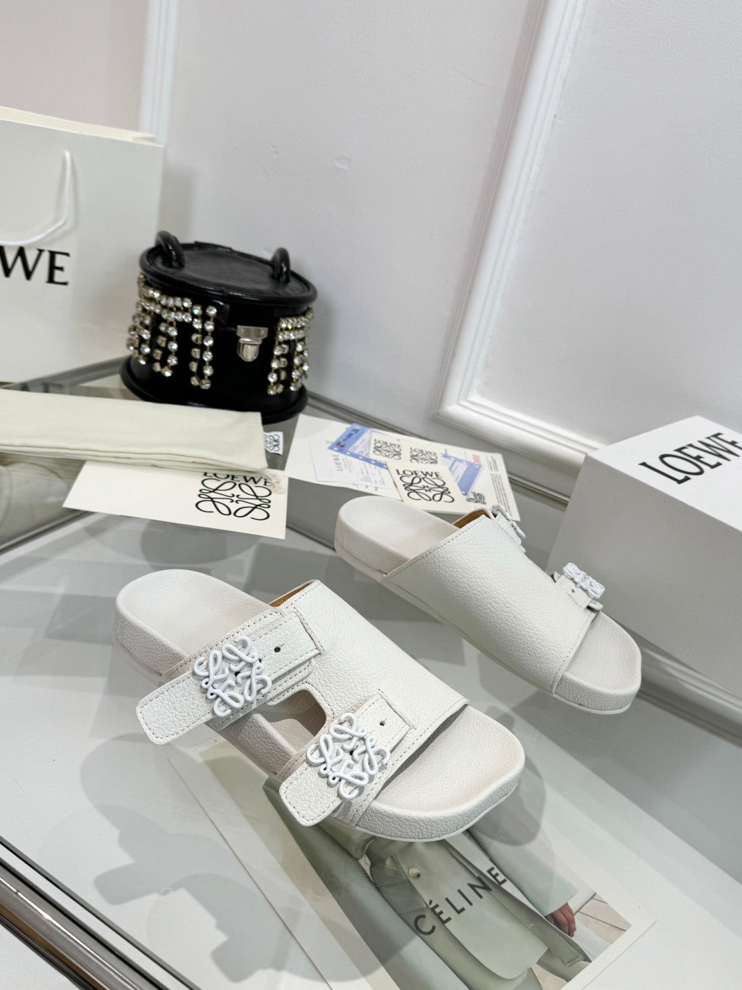 Loewe Ease Leather Slide White Sheepskin