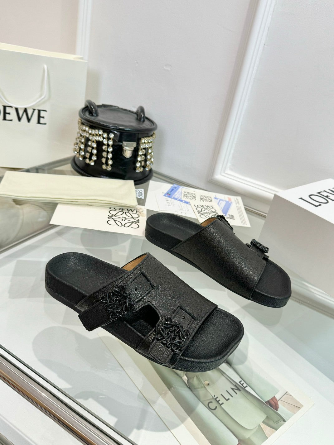 Loewe Ease Leather Slide Black Sheepskin