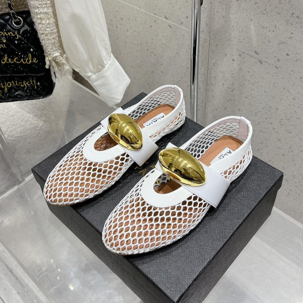 ballet flat jewel fishnet white lambskin