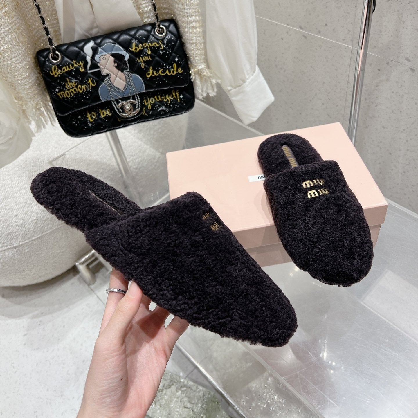 Miu Slippers Black Wool Fabric