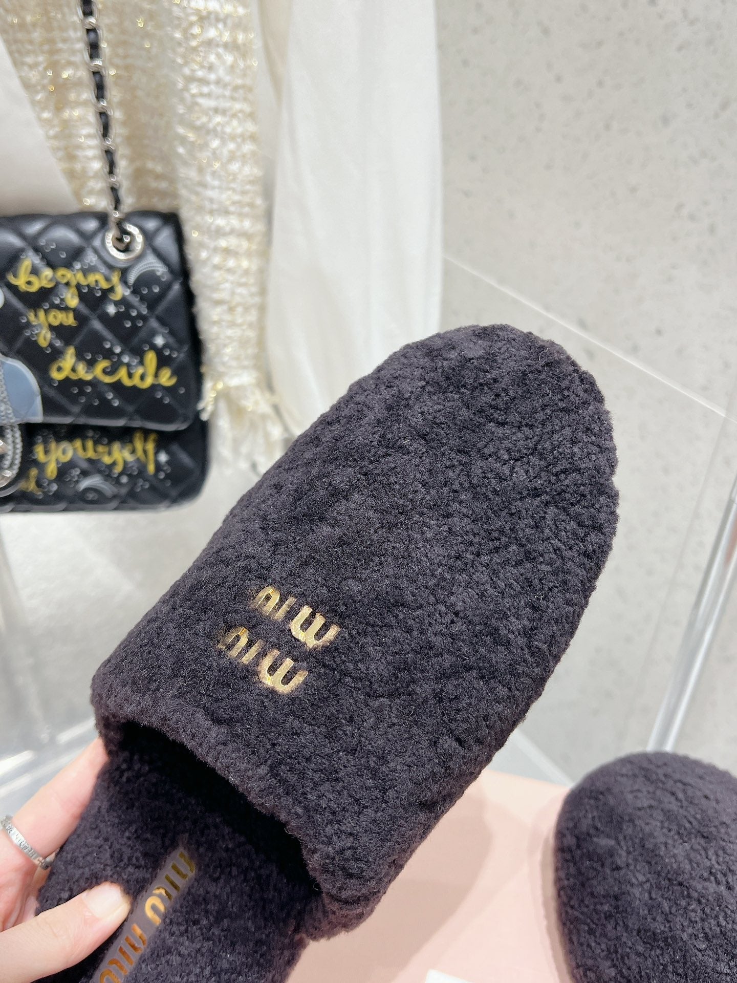 Miu Slippers Black Wool Fabric