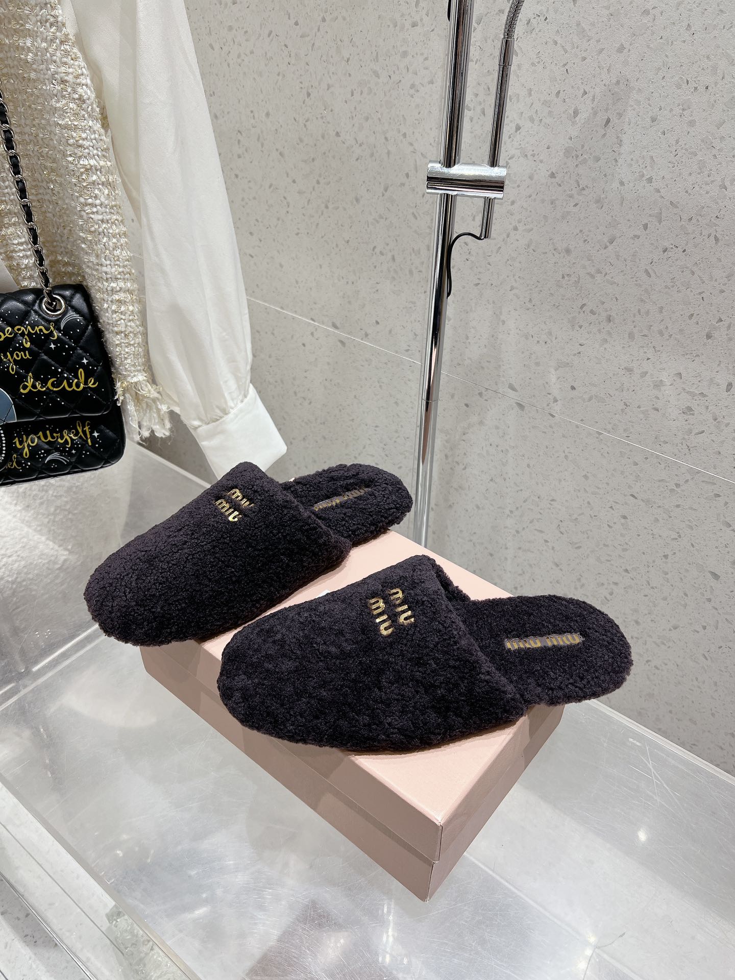 Miu Slippers Black Wool Fabric
