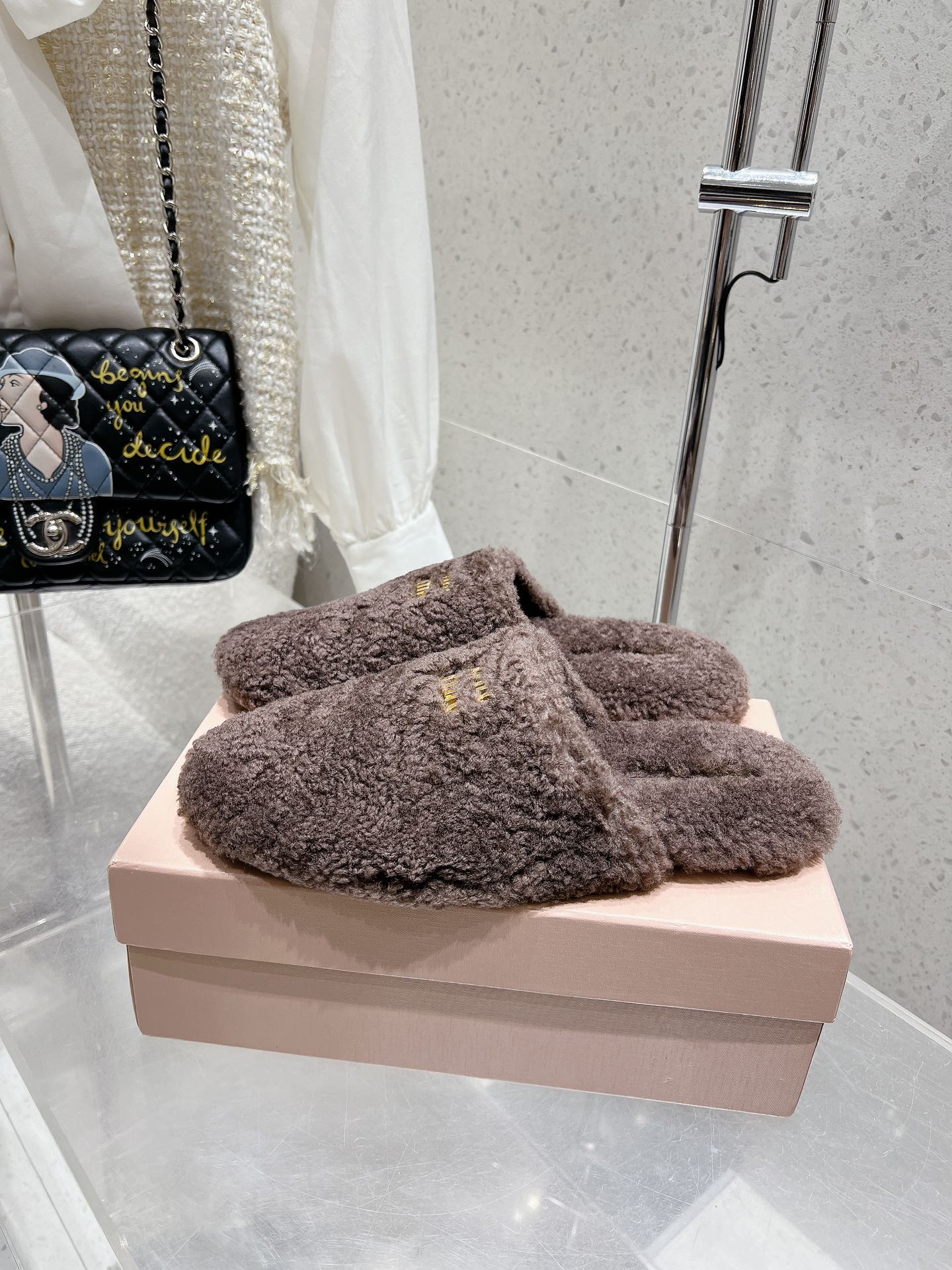 Miu Slippers Brown Earth Wool Fabric