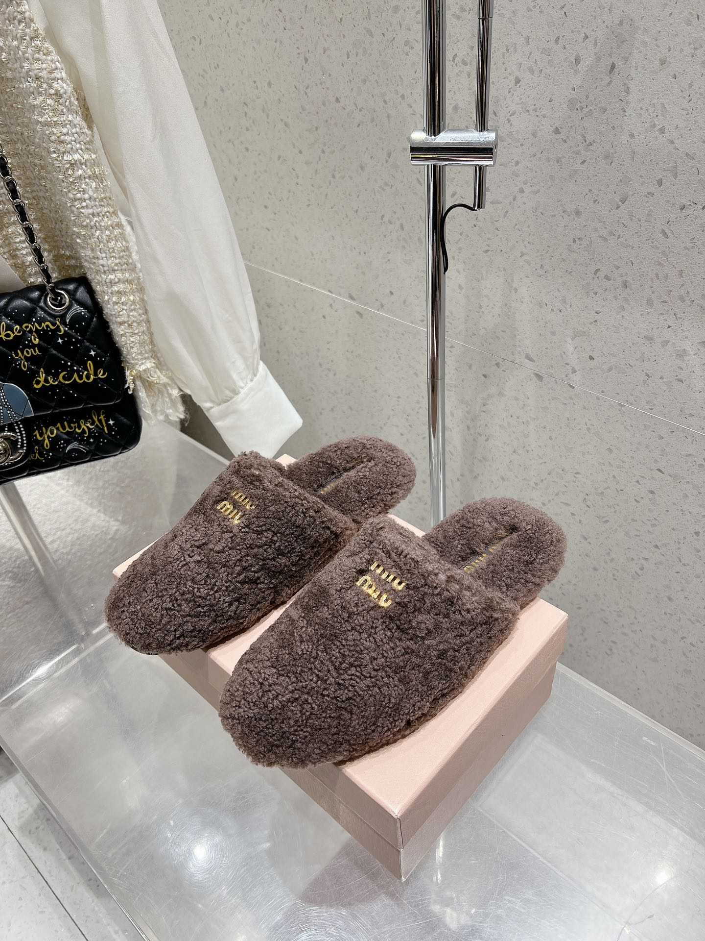 Miu Slippers Brown Earth Wool Fabric