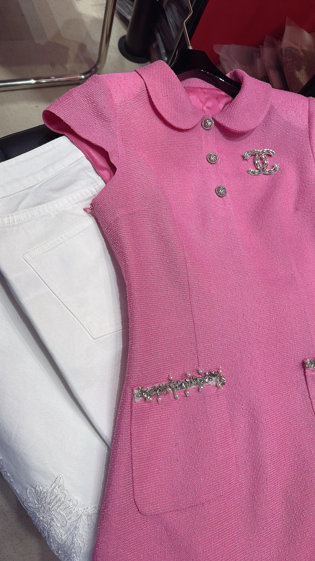 CC Doll Collar Waist Dress White Pink Cotton