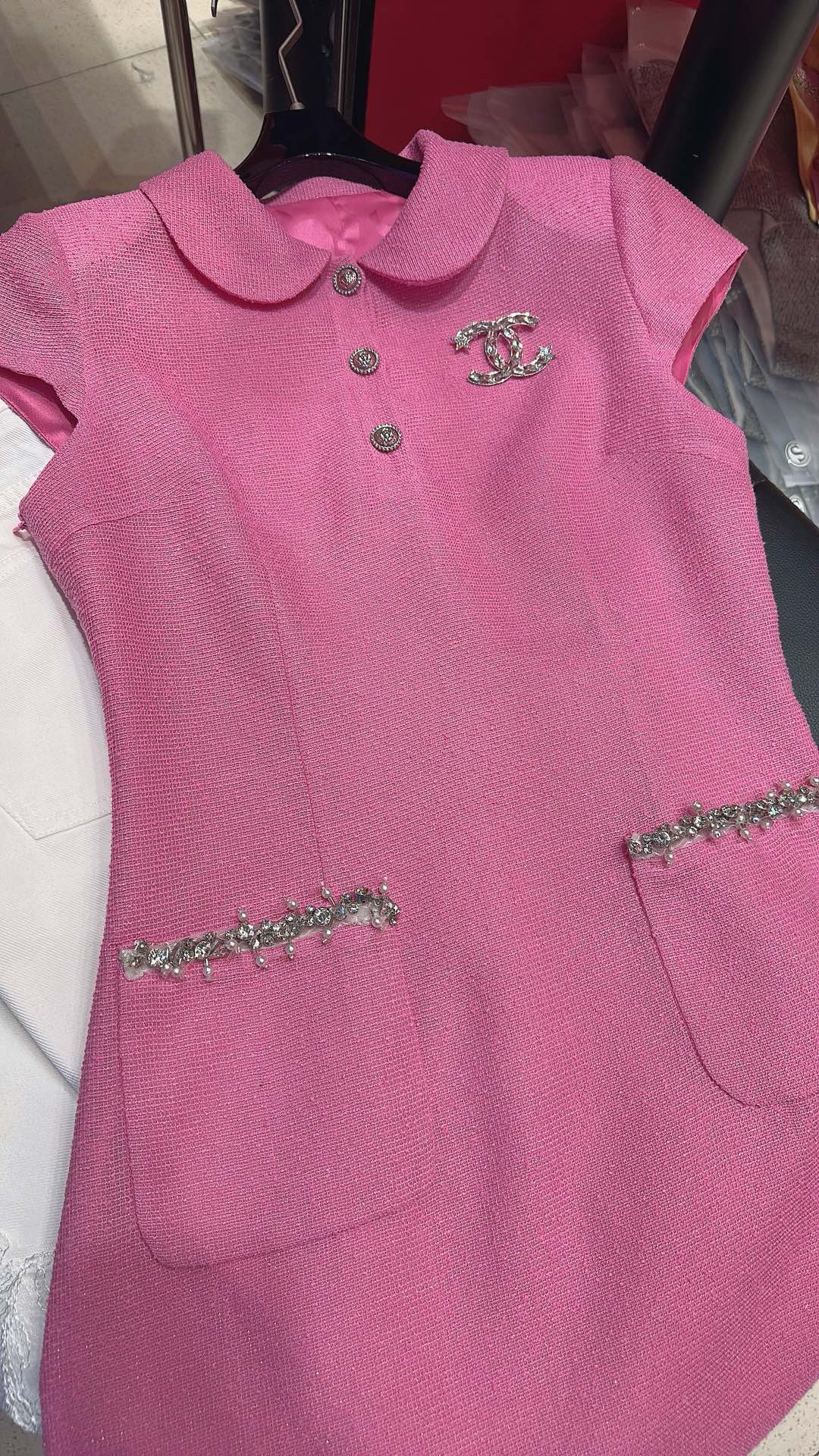 CC Doll Collar Waist Dress White Pink Cotton