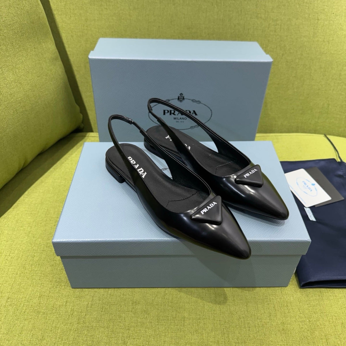Prada 2026 Spazzolato Triangle Logo Slingback Flat Patent Leather 148638