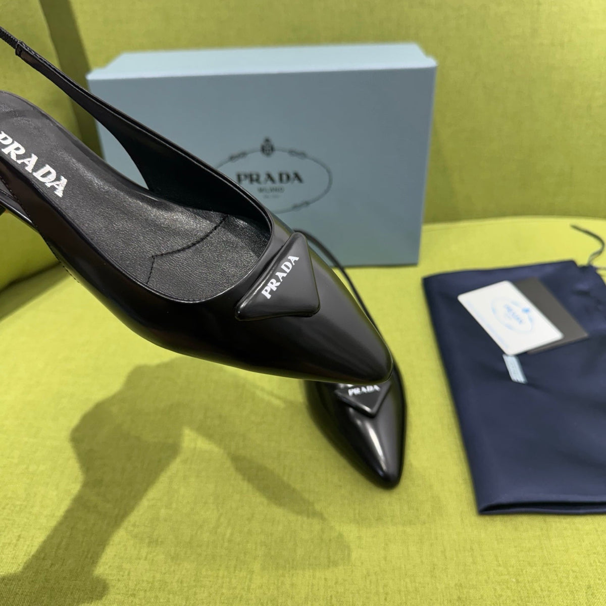 Prada 2026 Spazzolato Triangle Logo Slingback Flat Patent Leather 148638