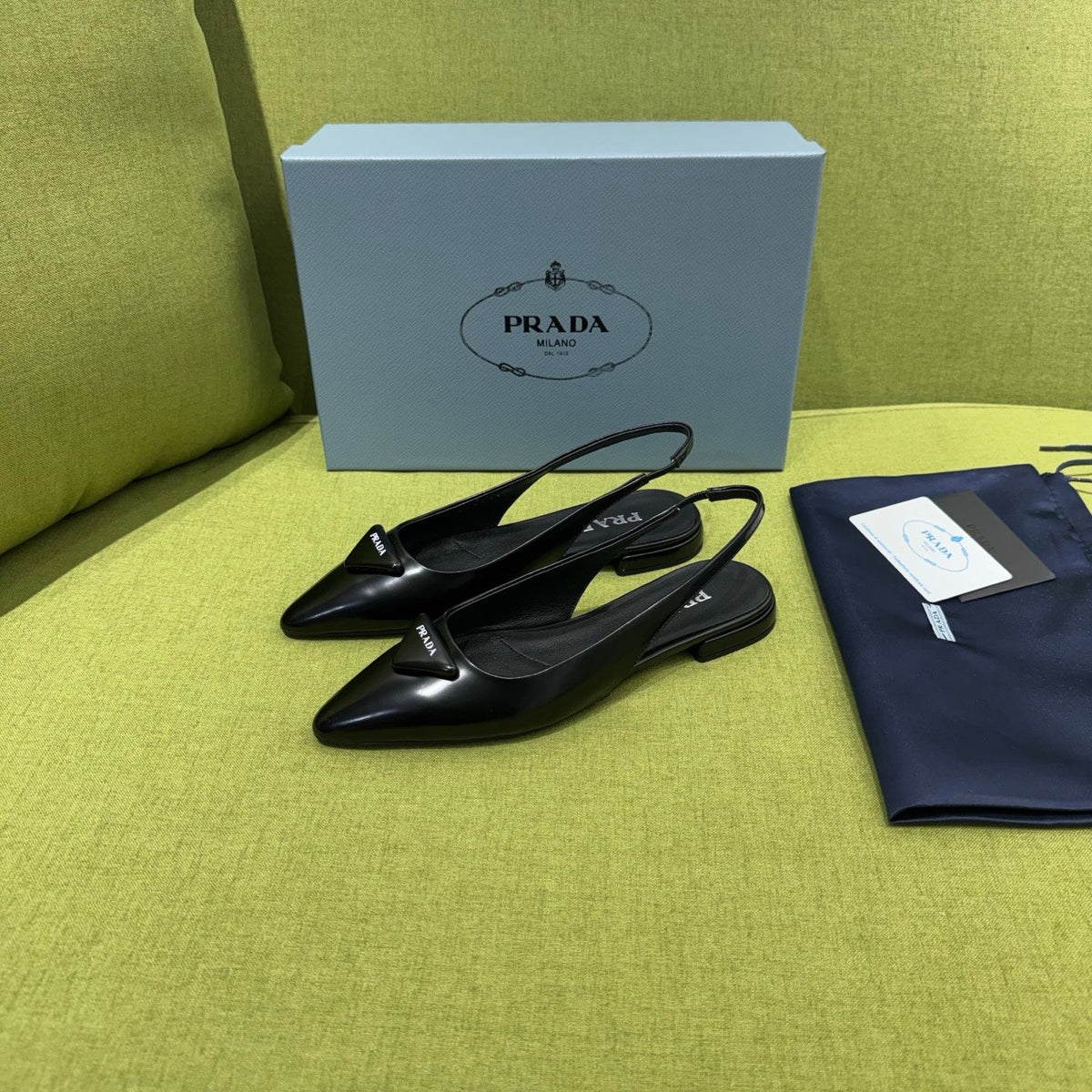Prada 2026 Spazzolato Triangle Logo Slingback Flat Patent Leather 148638
