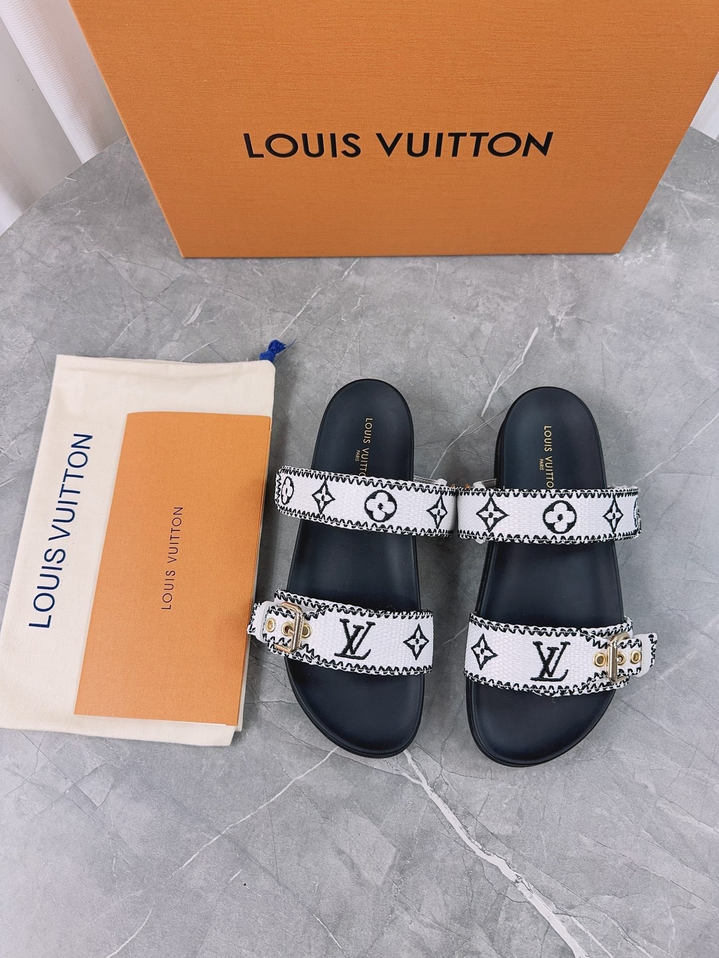LV Sandals Black Mix White Embroidered Sedge
