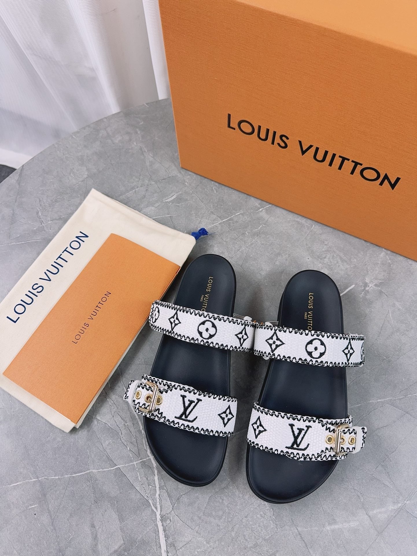 LV Sandals Black Mix White Embroidered Sedge