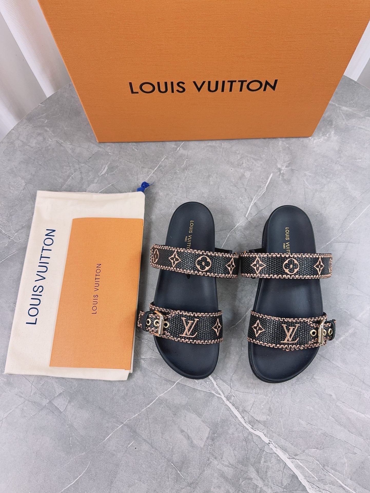 LV Sandals Black Embroidered Sedge