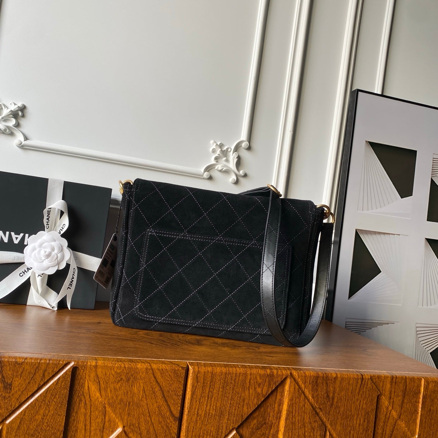 Chanel 2025 Messenger Bag 30cm Black Suede Gold Hardware 321012