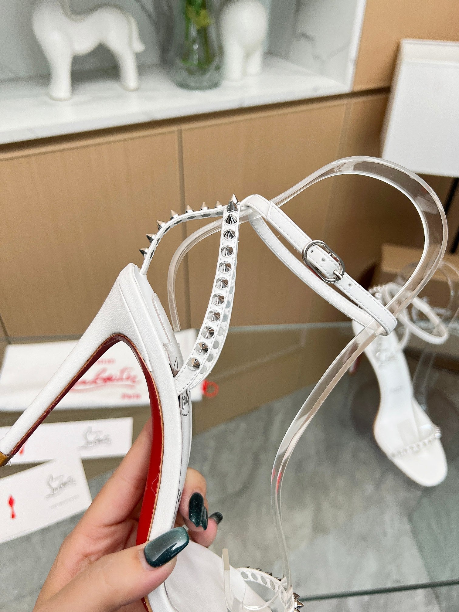 CL So Me 105 mm Strappy Sandal White Imported Rivets with Sheepskin 251018