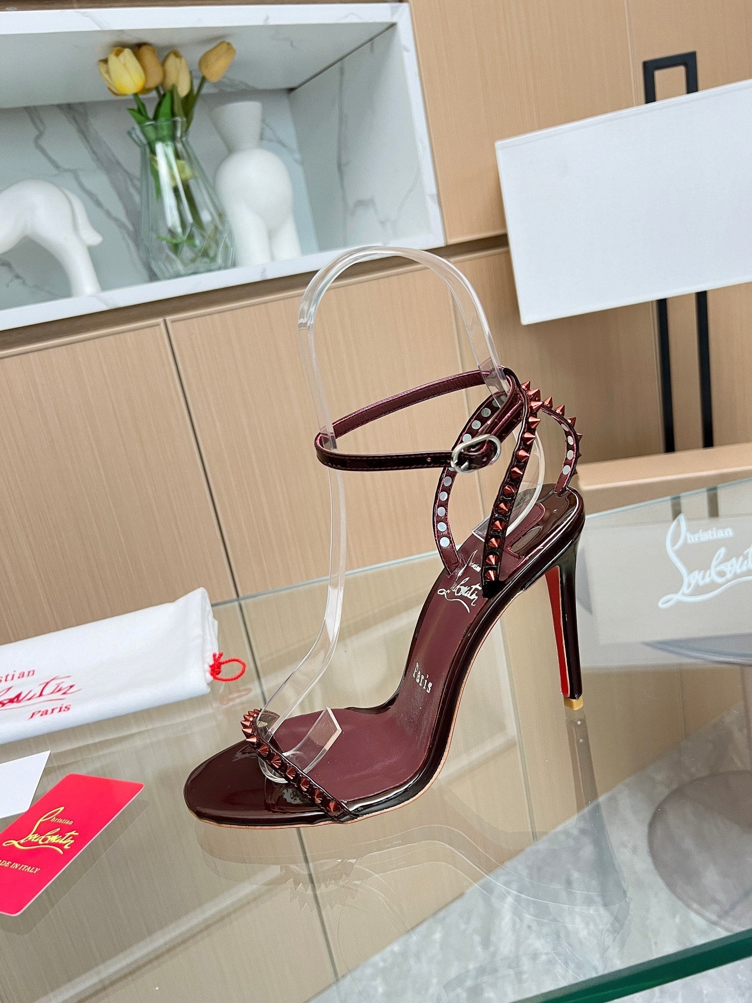 CL So Me 105 mm Strappy Sandal Dark Wine Red Imported Rivets with Sheepskin 251019