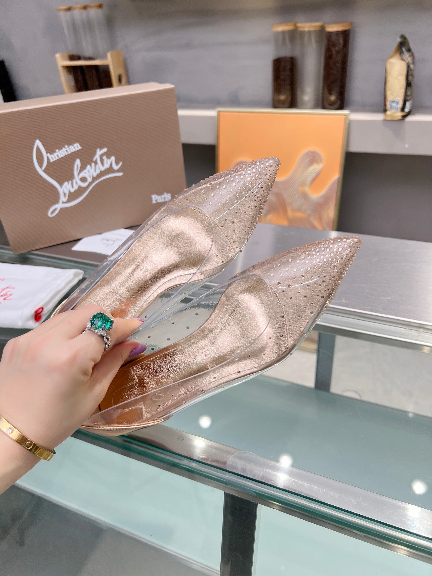 CL Degrastrass Flats Silver PVC and Strass Light Peach