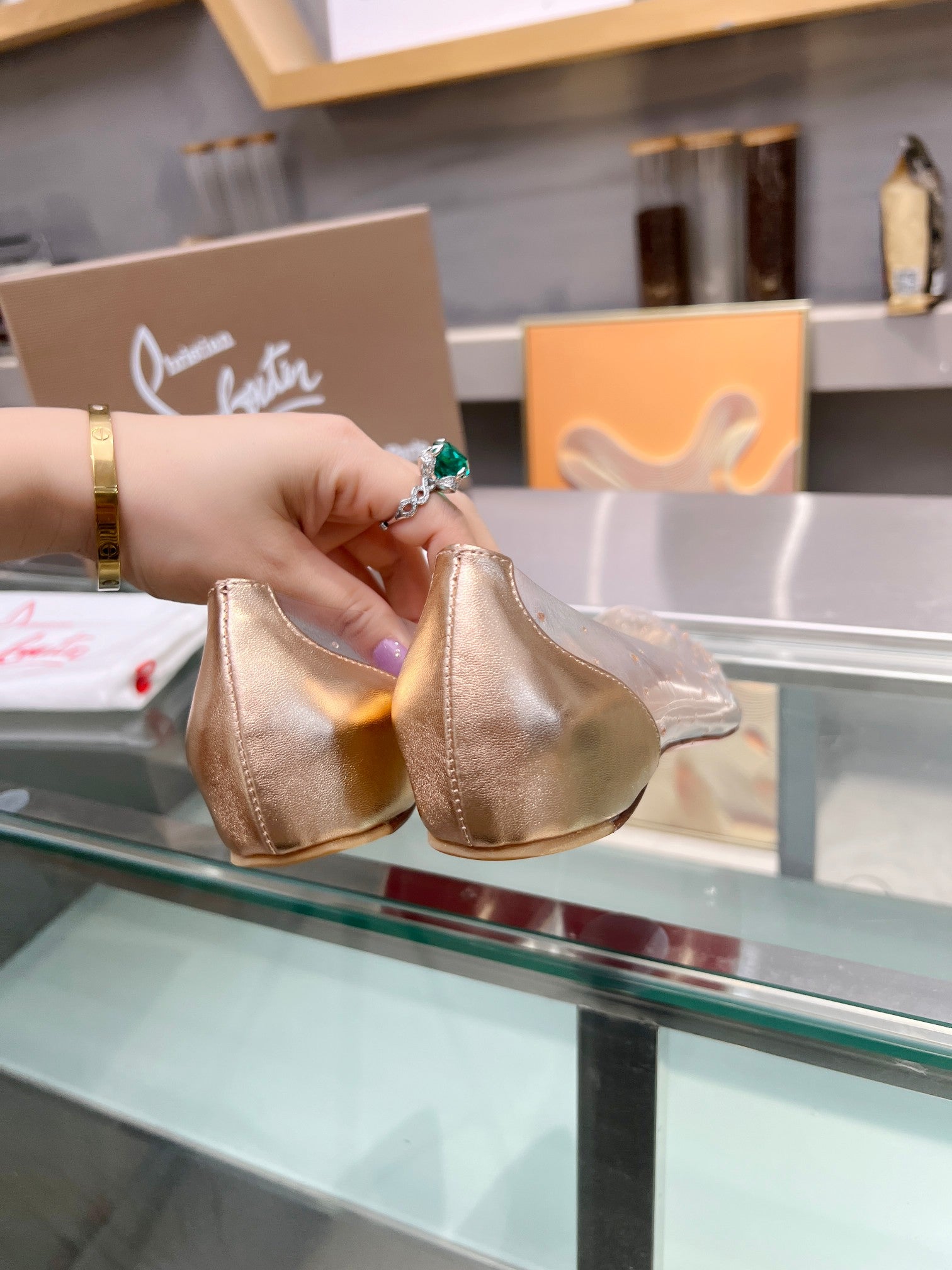 CL Degrastrass Flats Silver PVC and Strass Light Peach