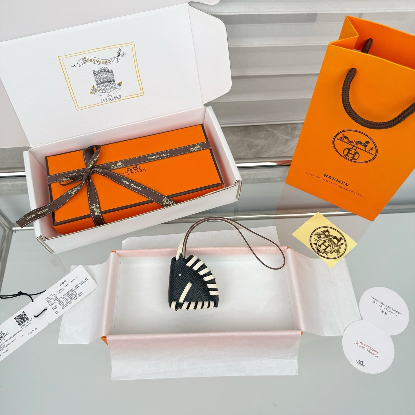 HM Horse Head Charm Black White Calfskin