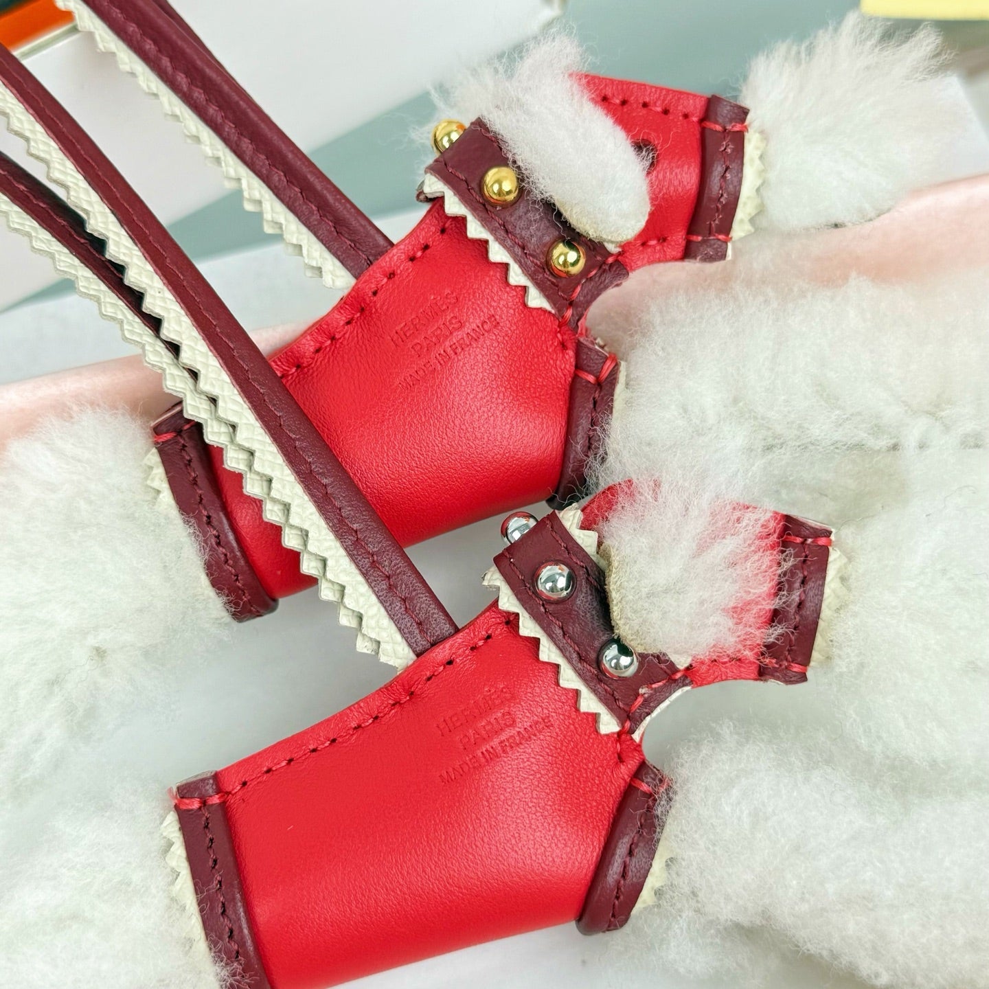 HM Budy Puppy Pendant Charm White Red Wool Cowhide