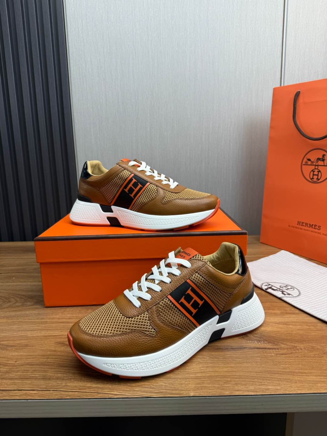 HM Men's Sneaker Brown Mesh Cowhide 519229