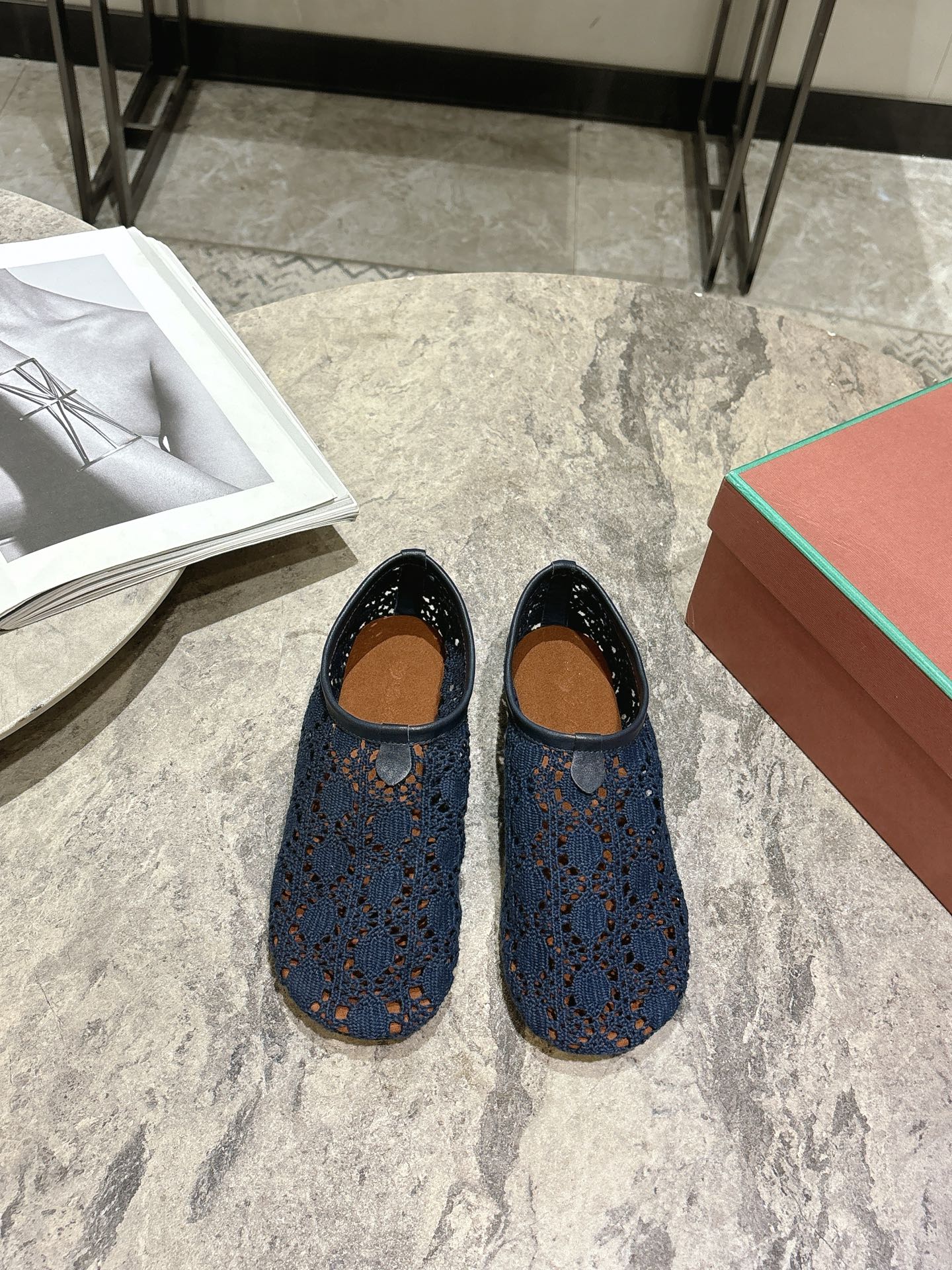 LP hollow knit ballet flats dark blue fabric 379029