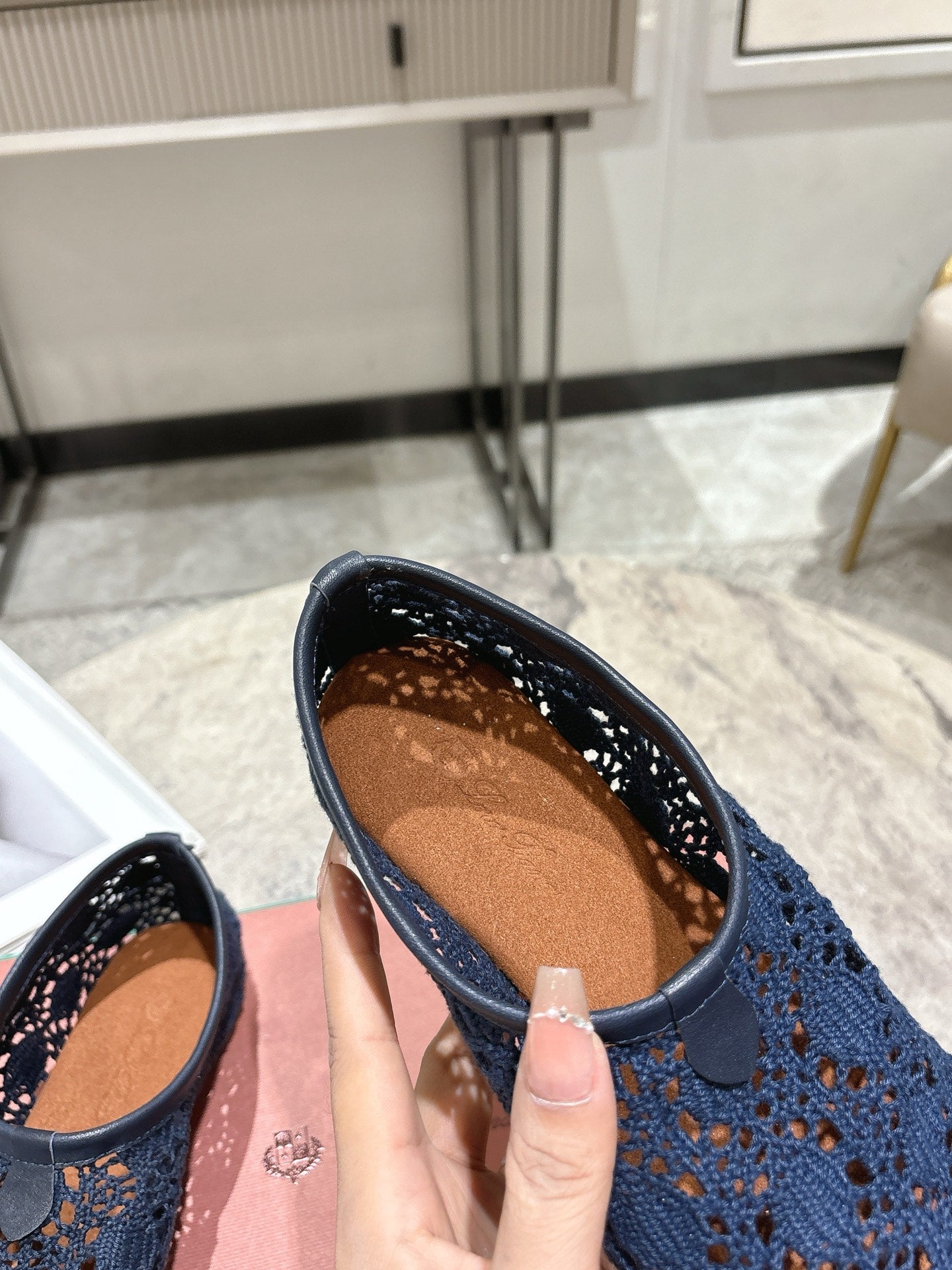 LP hollow knit ballet flats dark blue fabric 379029