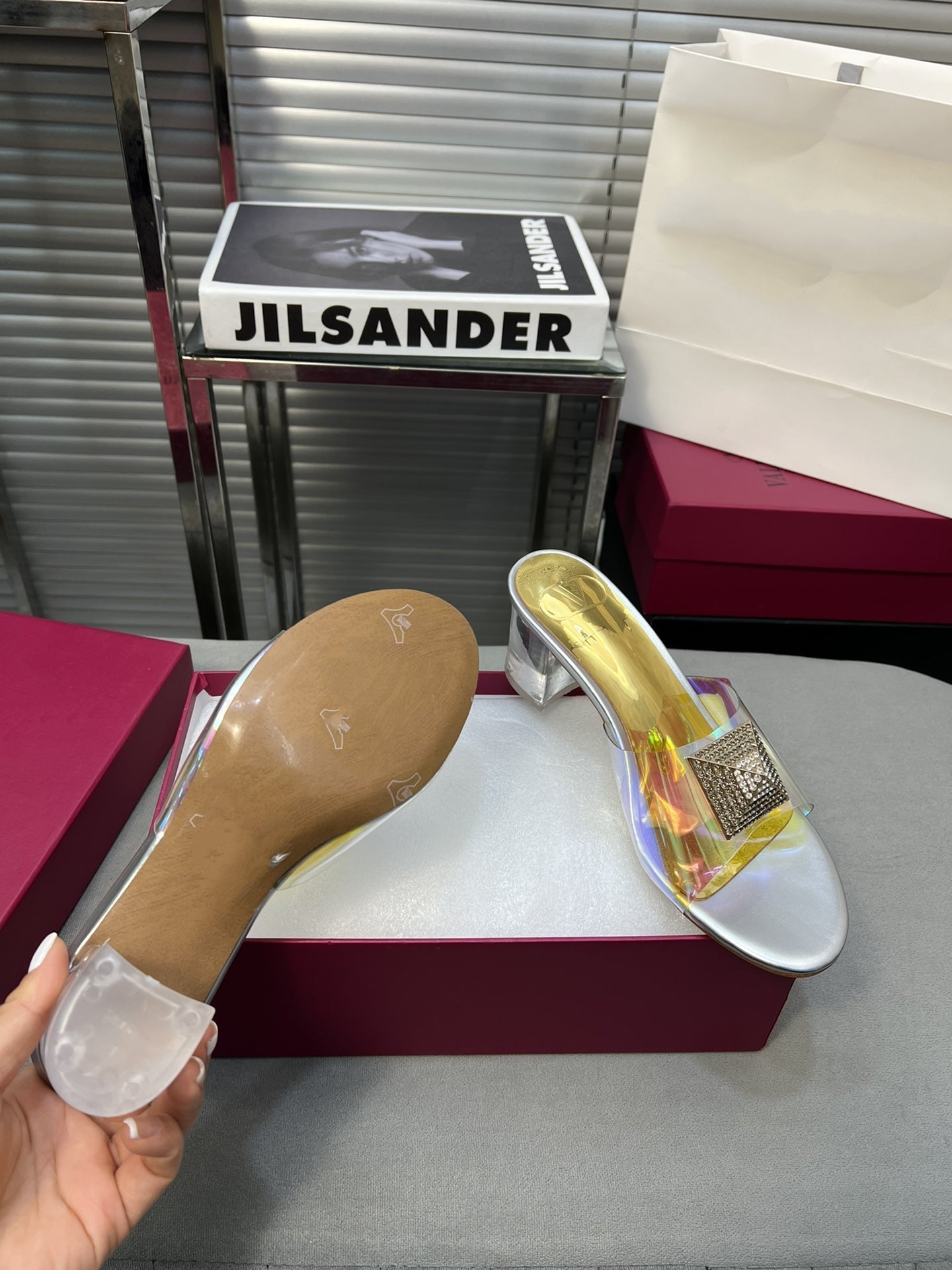 Heeled Sandals 6cm with Crystal Square Buckle Gold and Silver