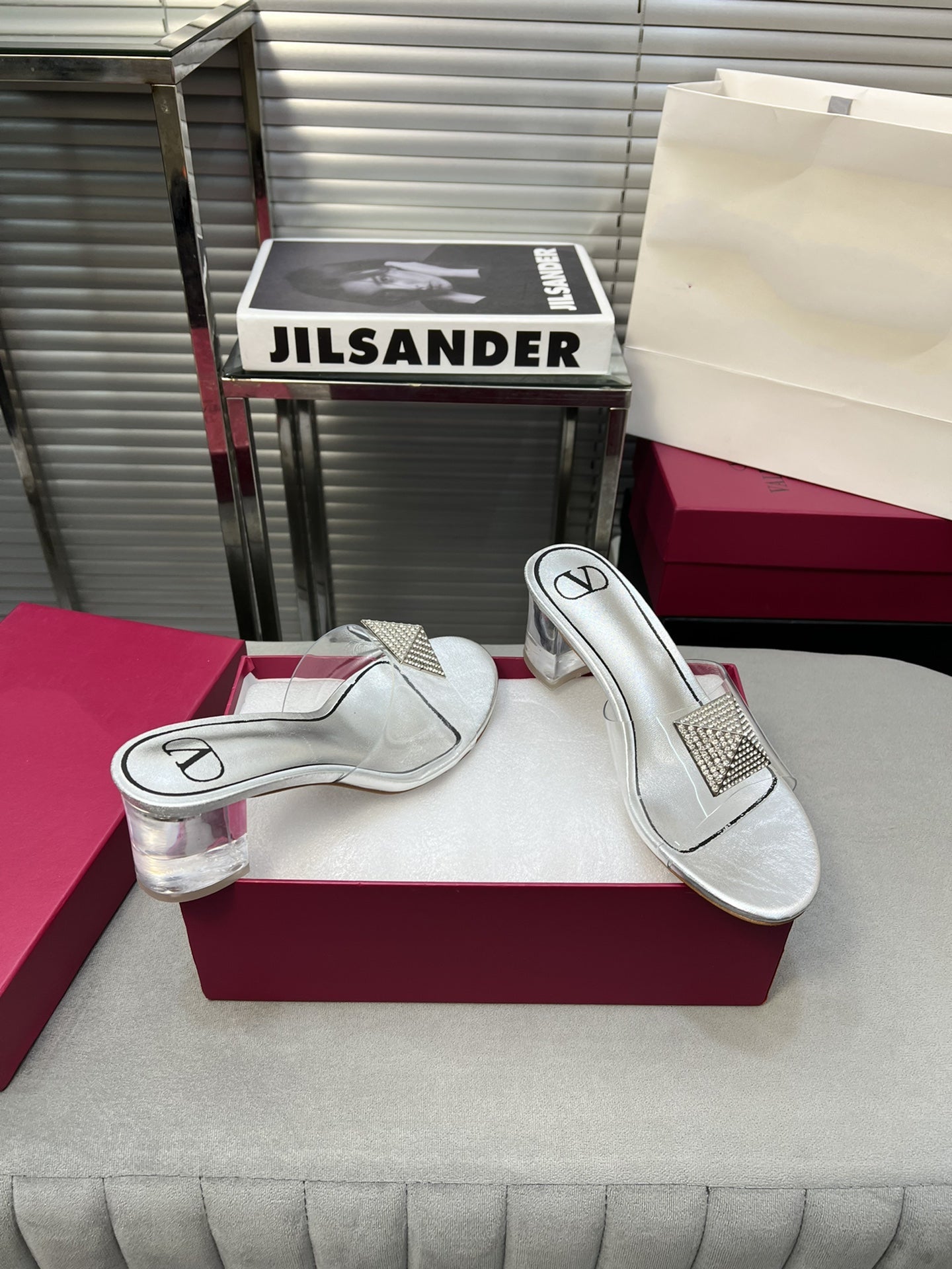 Heeled Sandals 6cm with Crystal Square Buckle Silver