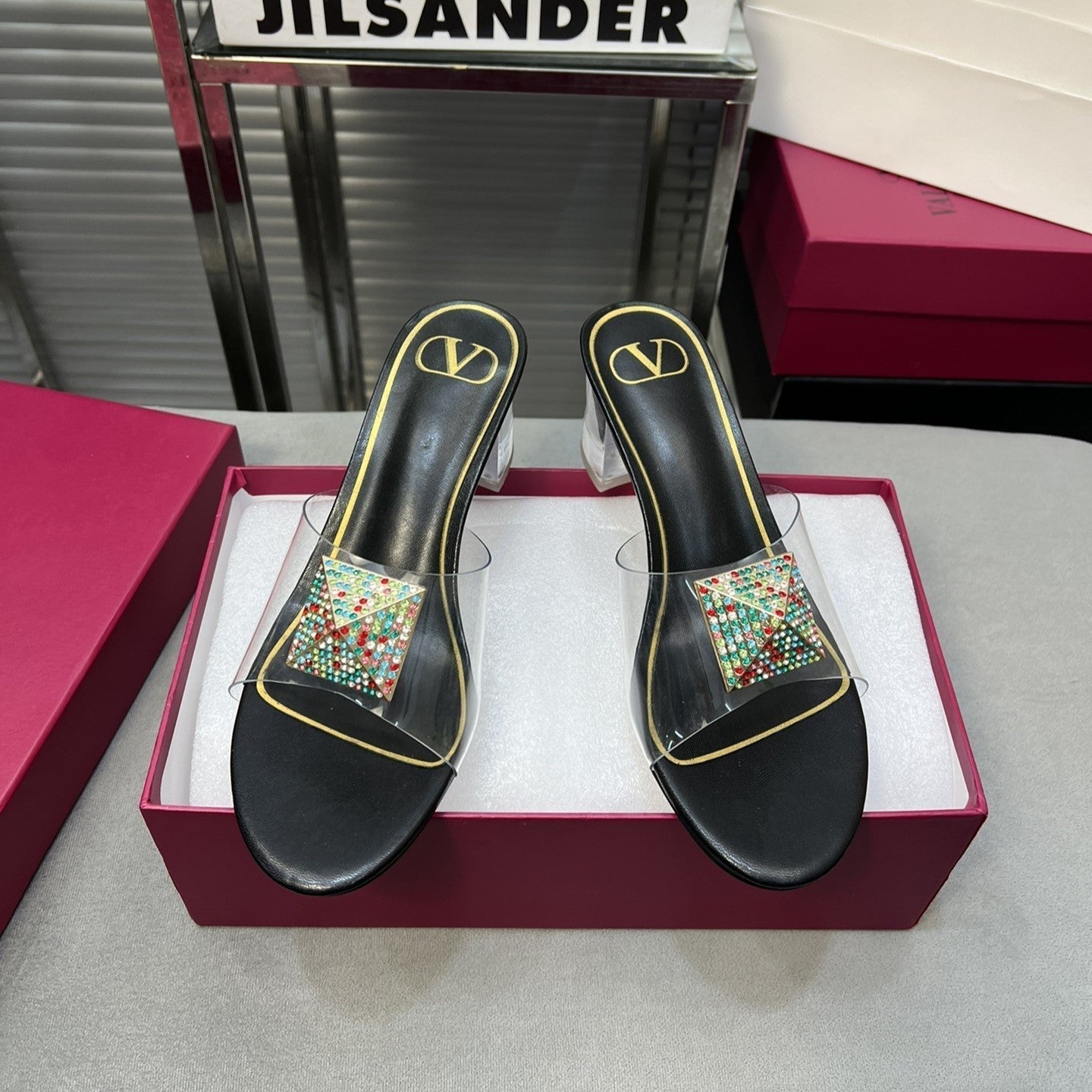 Heeled Sandals 6cm with Crystal Square Buckle Black