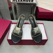 Heeled Sandals 6cm with Crystal Square Buckle Black