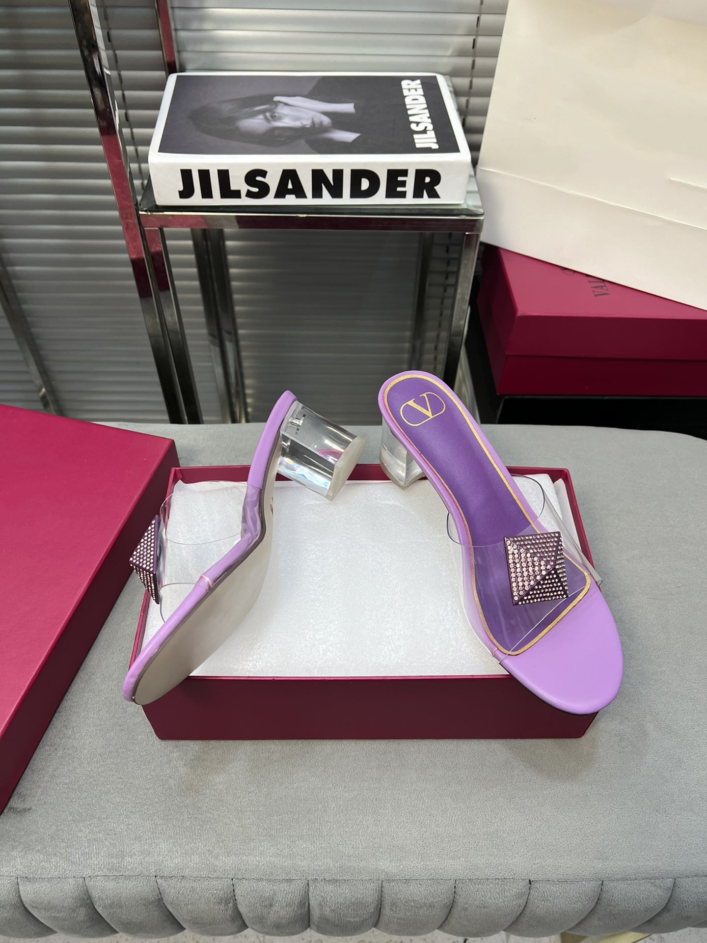 Heeled Sandals 6cm with Crystal Square Buckle Purple