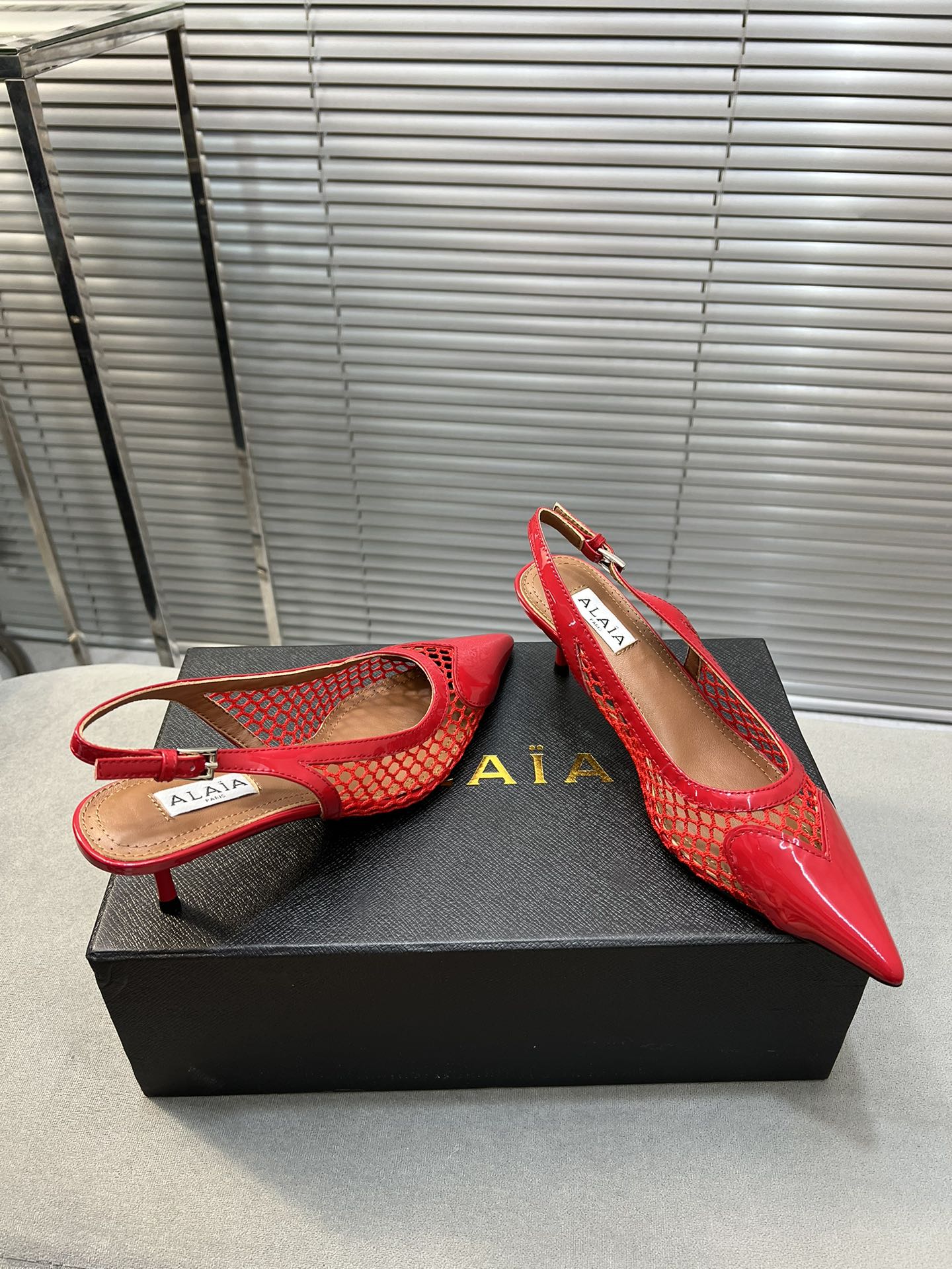 alaia high love slingback 55 fishnet red lambskin