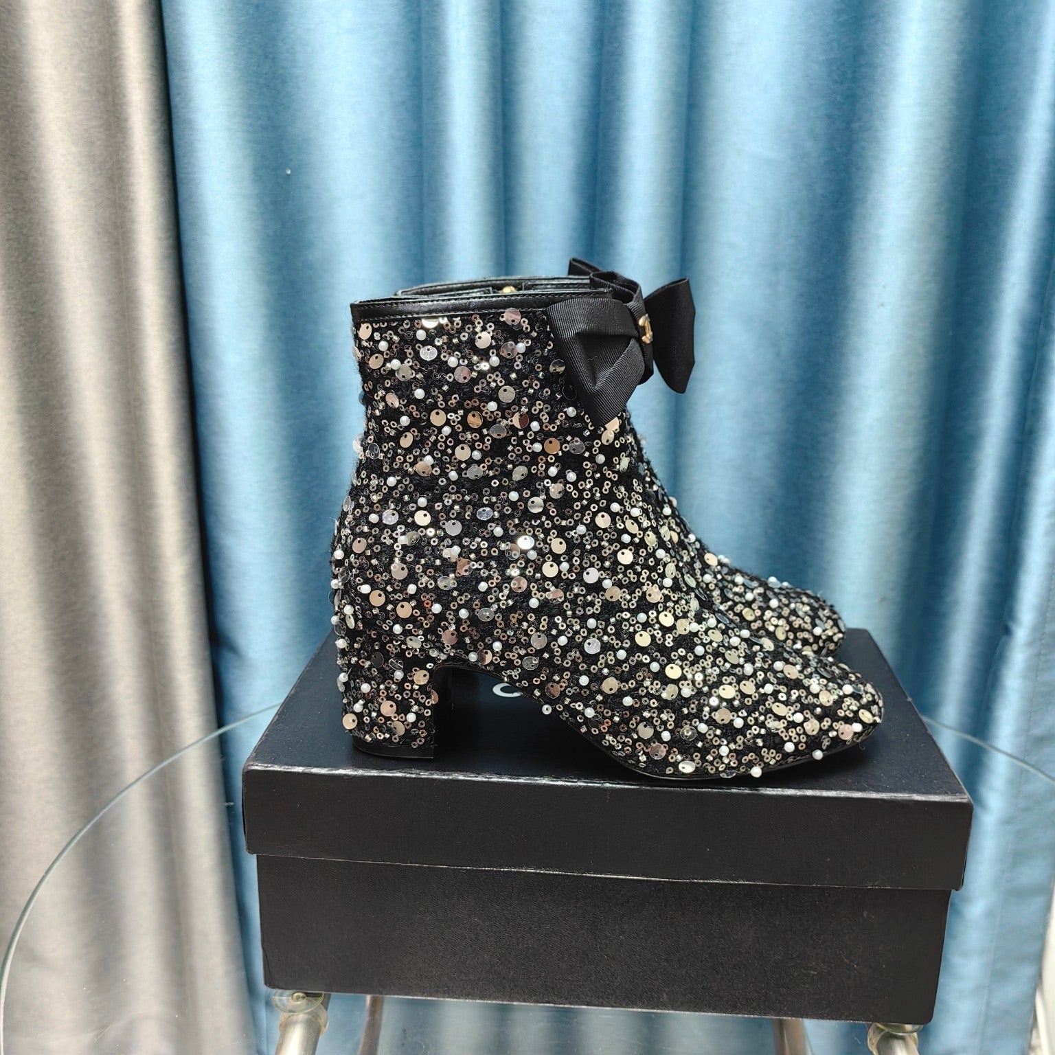 CC Ankle Boots Black Bow Tweed Sequin Beaded Fabric