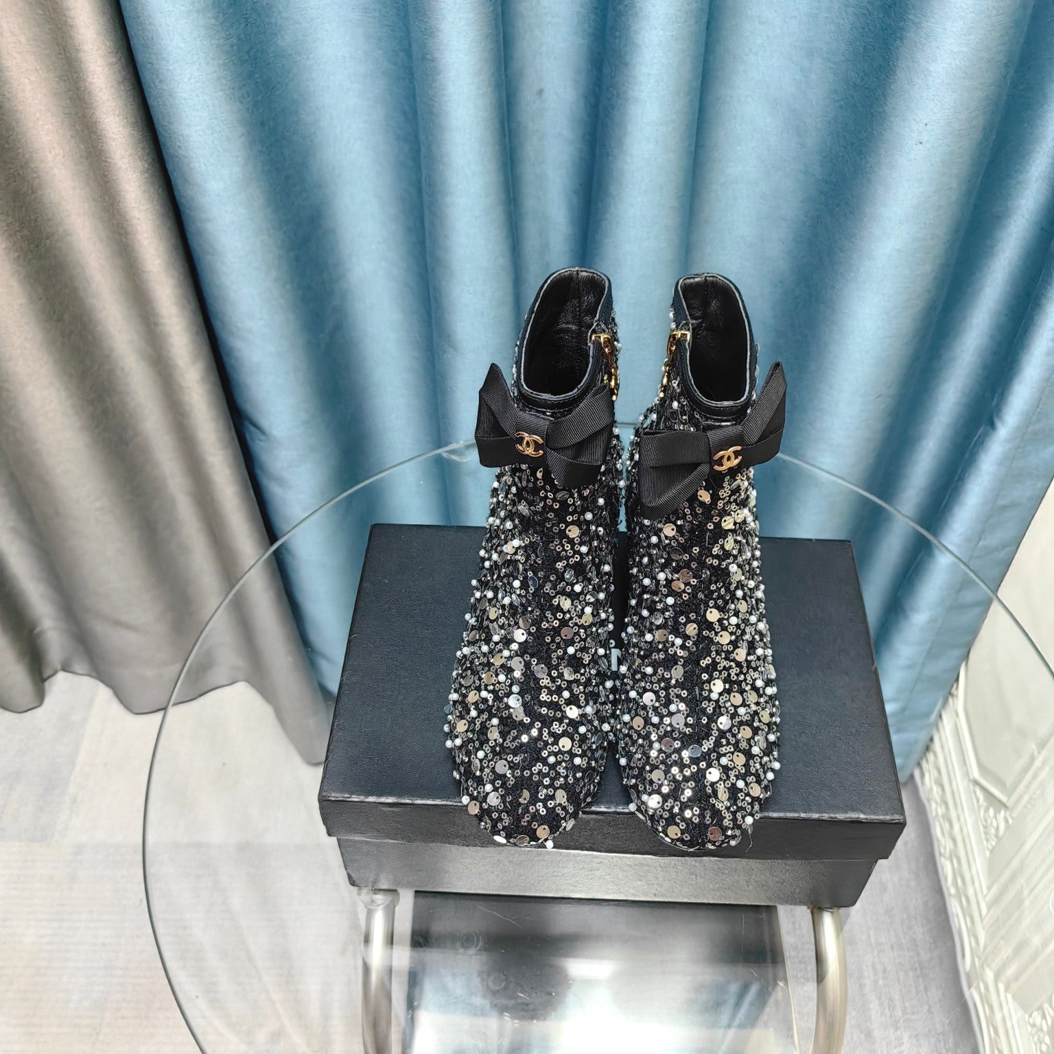 CC Ankle Boots Black Bow Tweed Sequin Beaded Fabric