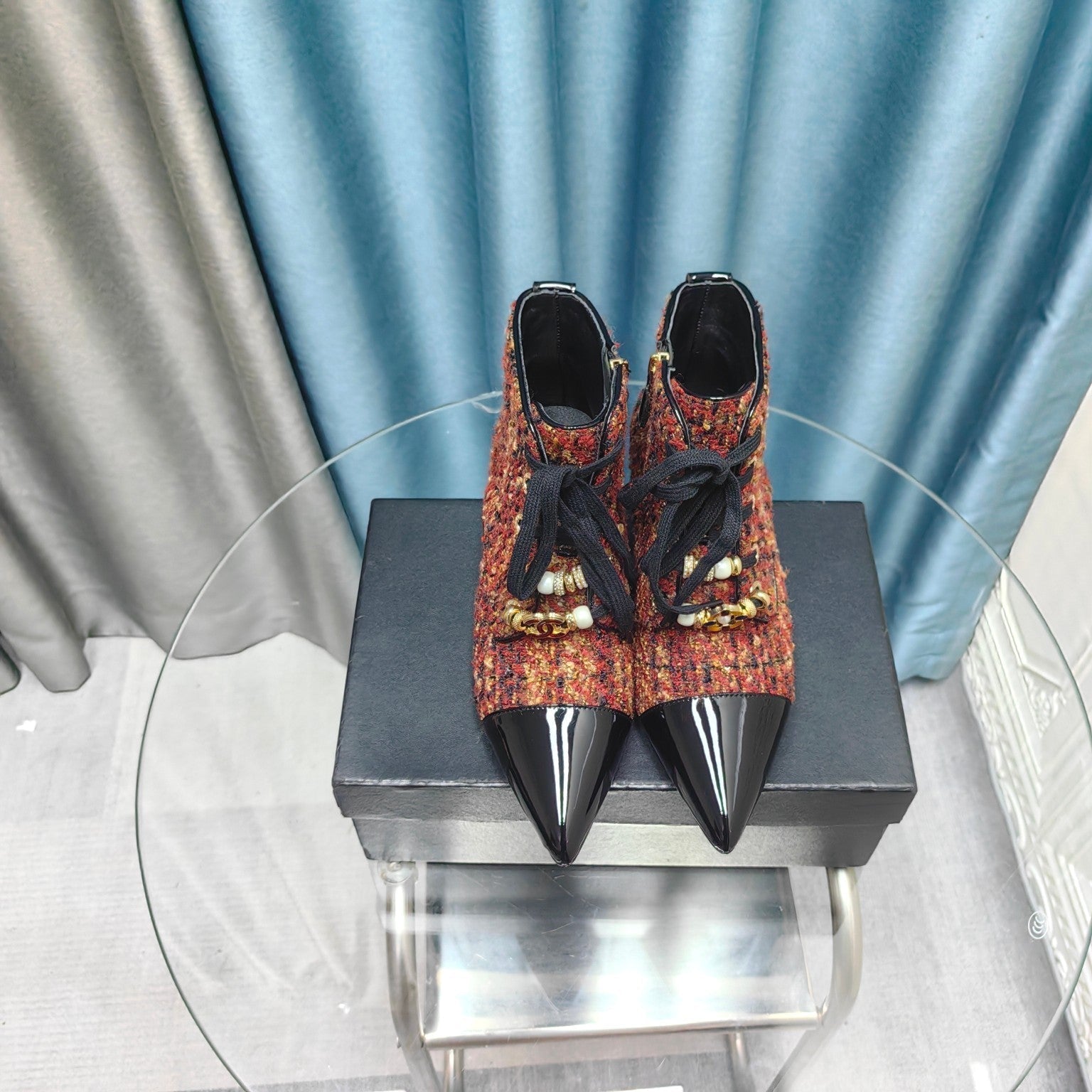 CC Ankle Boots Red Orange Tweed Fabric And Lambskin