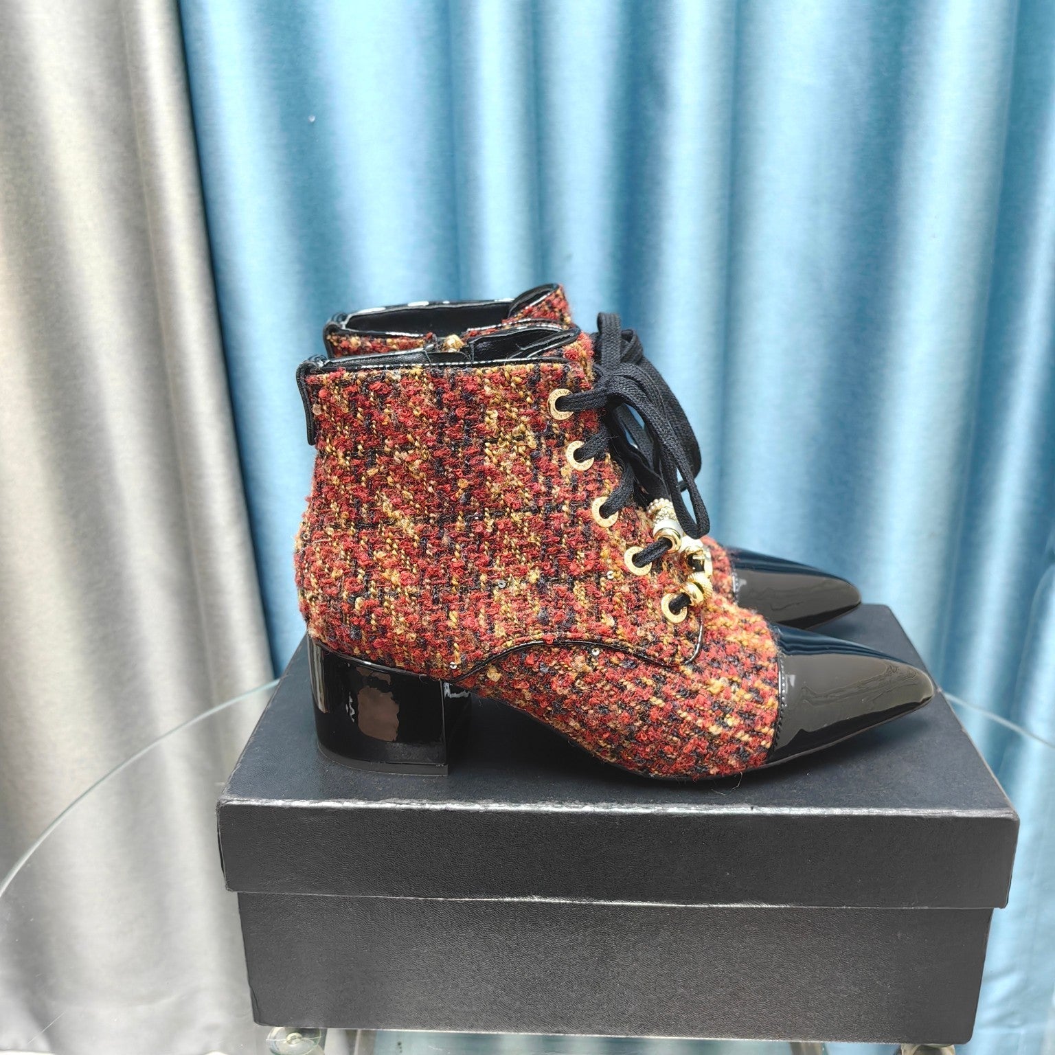 CC Ankle Boots Red Orange Tweed Fabric And Lambskin