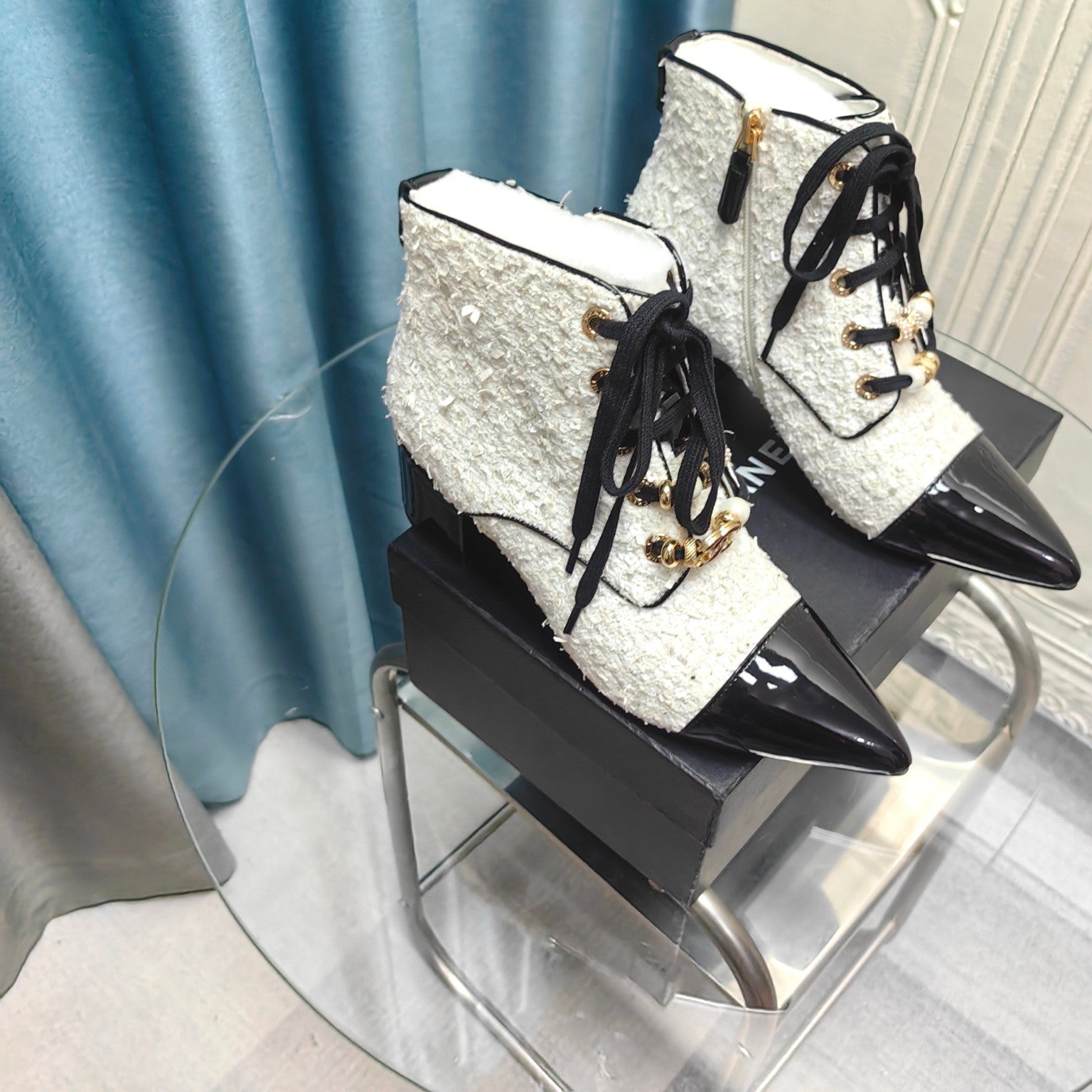 CC Ankle Boots White Tweed Fabric And Lambskin